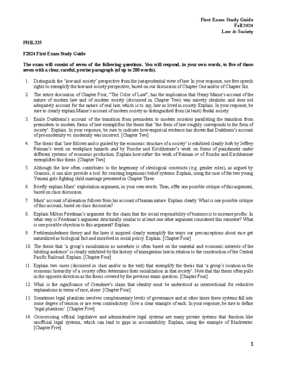 PHIL335 F2024 Midterm Exam Study Guide on Law & Society - Studocu