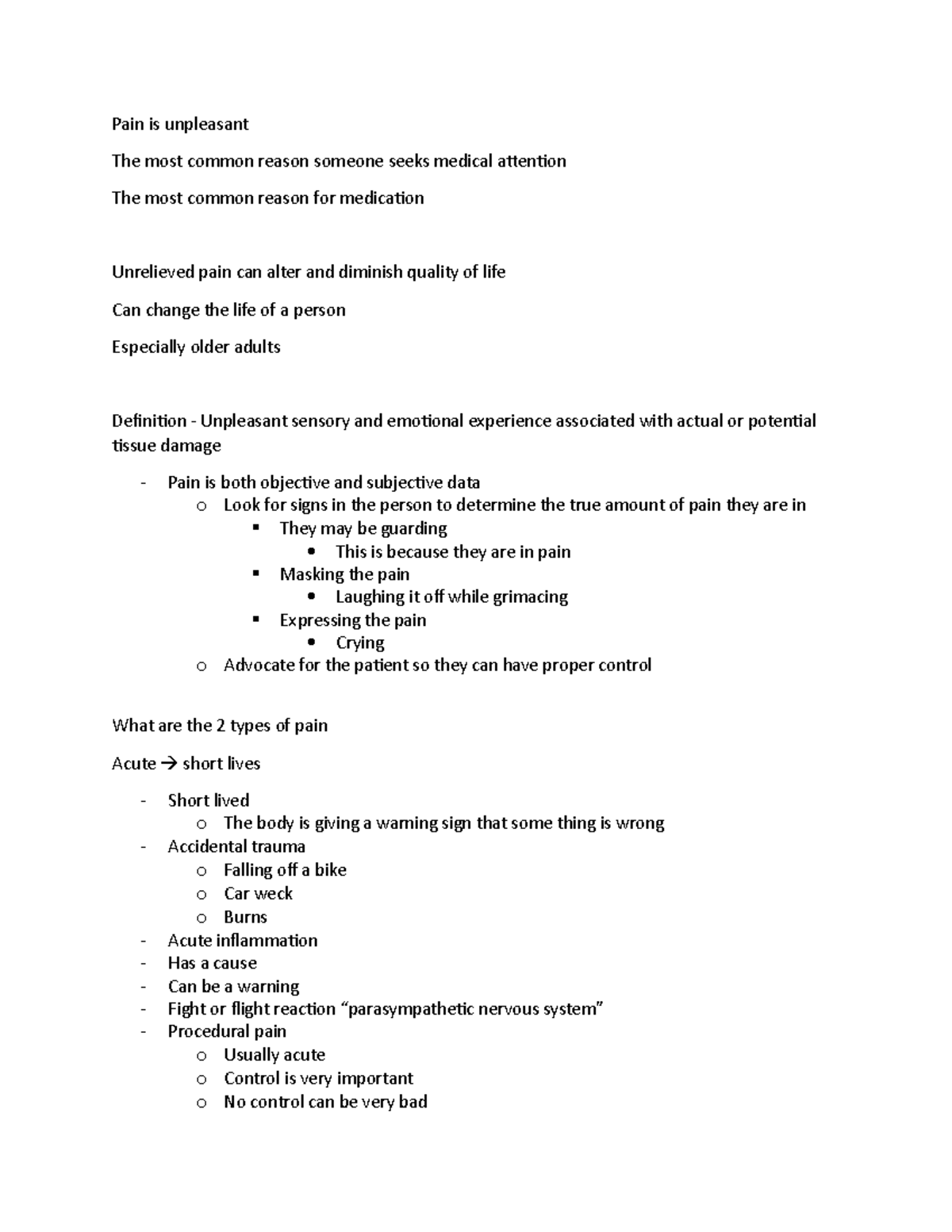 Pain Management Notes - Acute vs Chronic Pain (NURS 101) - Studocu