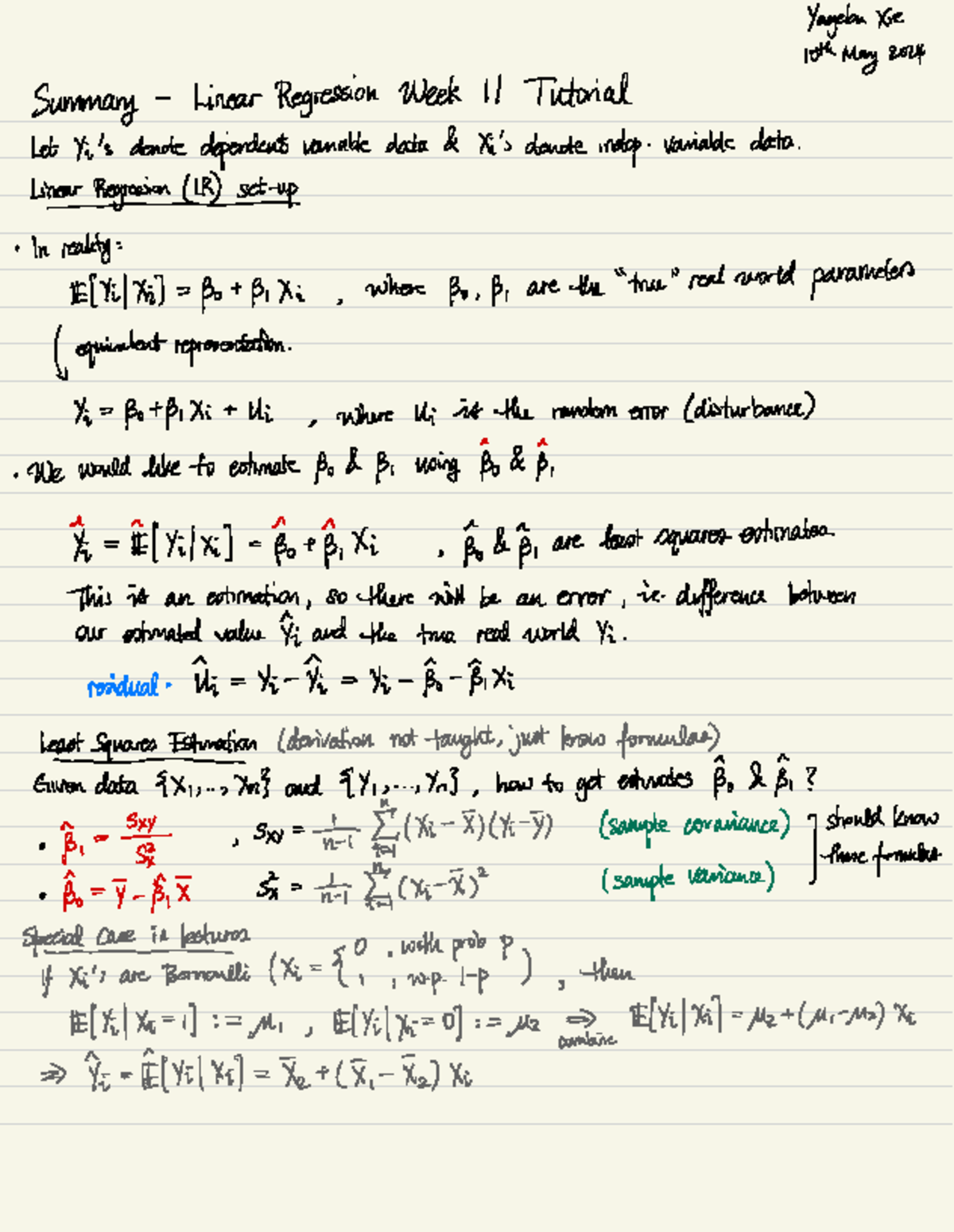 Regression Summary Notes for Tutorial 11: Linear Regression (May 2024 ...