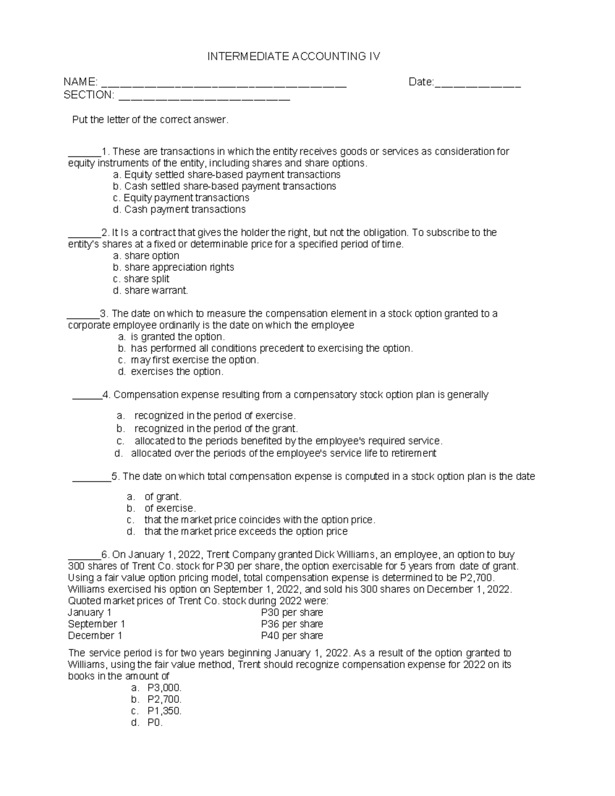 INT ACC IV - 1st Quiz Set 1: Share-Based Payment Transactions - Studocu