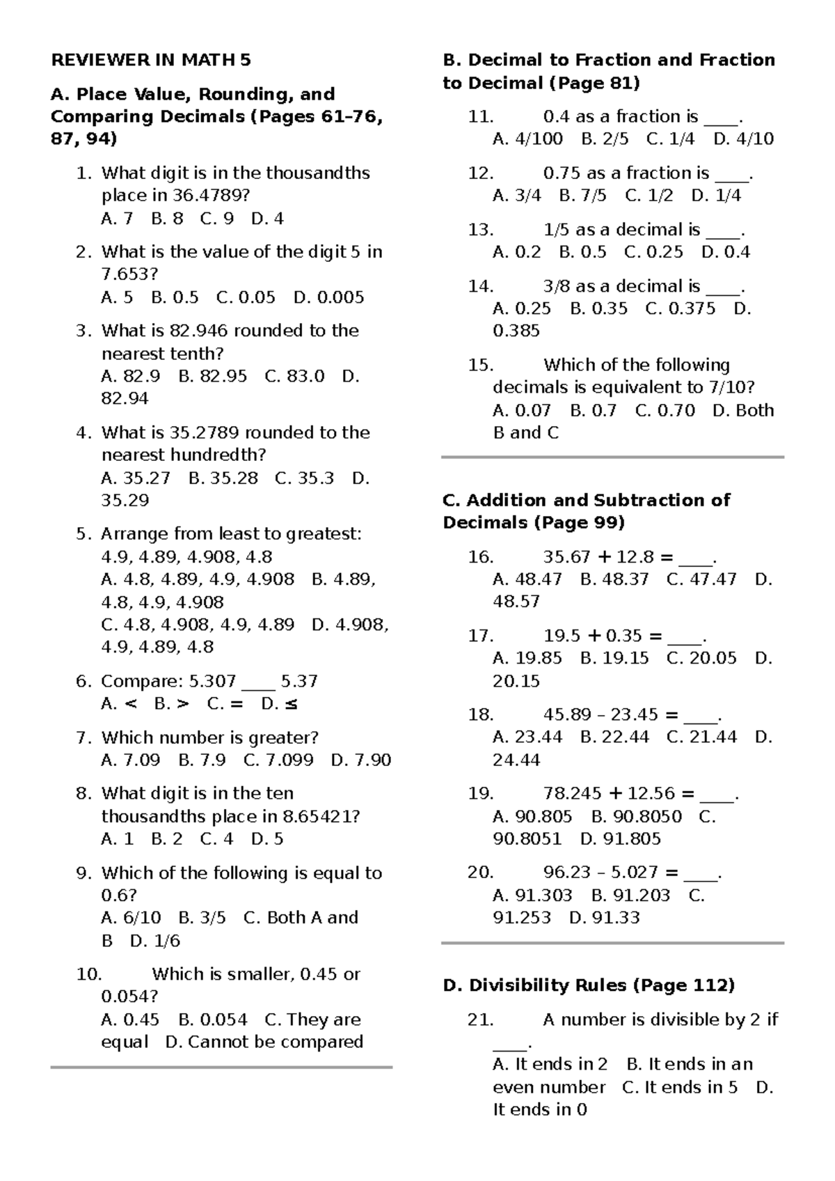 Reviewer for MATH 5: Place Value, Decimals, and Fractions - Studocu