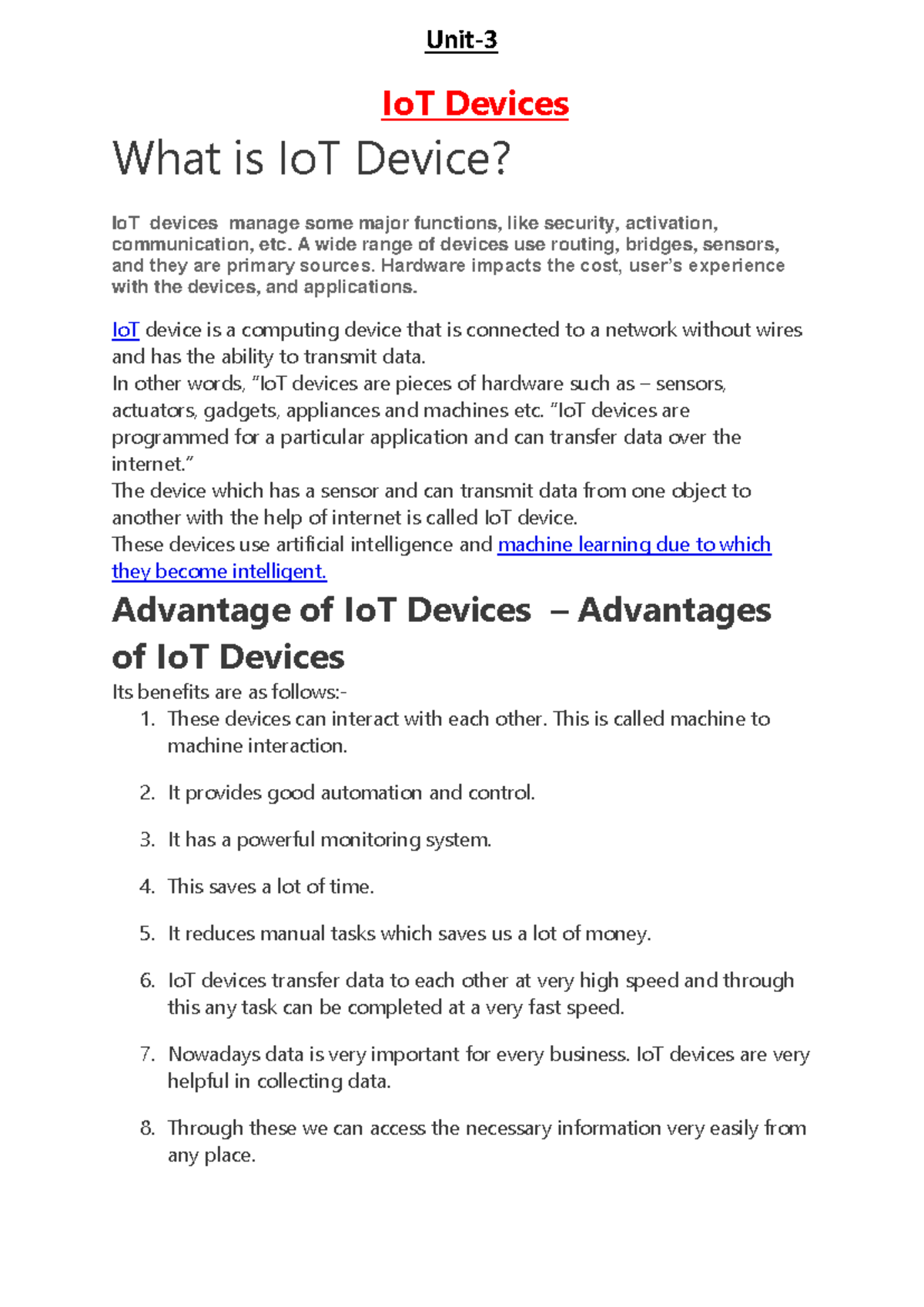 Unit-3: Understanding IoT Devices and Sensor Networks - Studocu