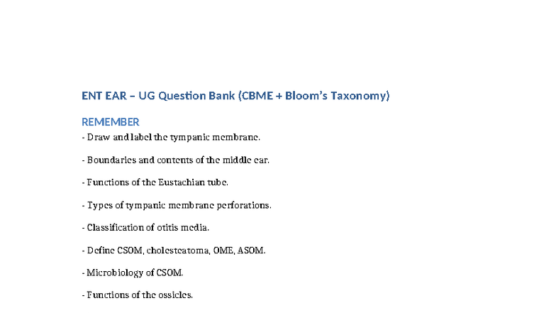 ENT EAR UG Question Bank: Comprehensive Review of Ear Disorders - Studocu
