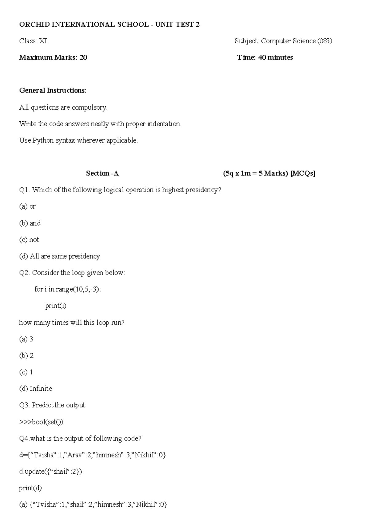Unit Test 2 - Class XI - Computer Science (083) - Studocu
