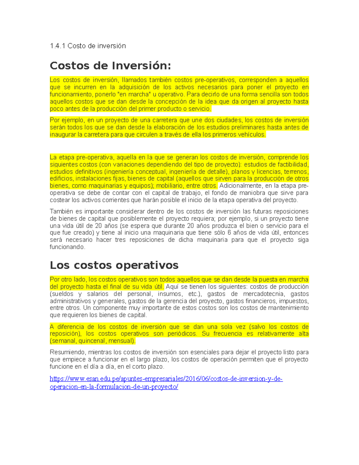 1.4.1 Análisis de Costos de Inversión y Operación en Proyectos - Studocu