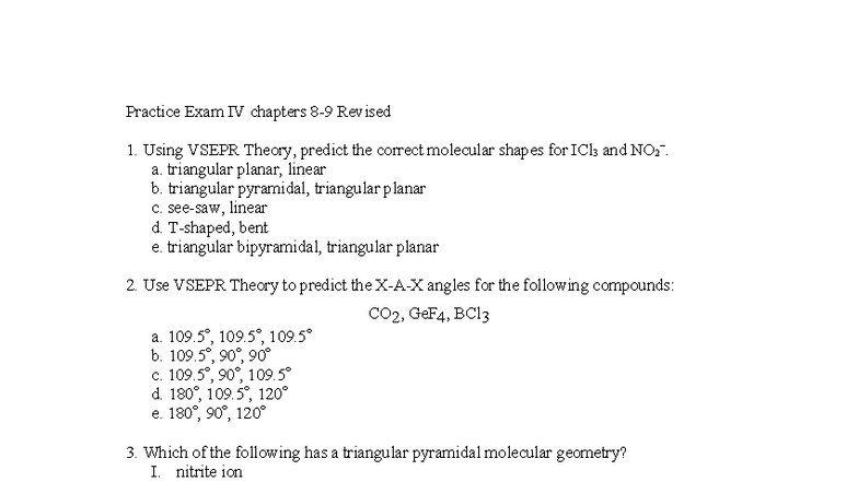 Practice Exam IV: VSEPR Theory & Molecular Geometry (Ch 8 & 9) - Studocu