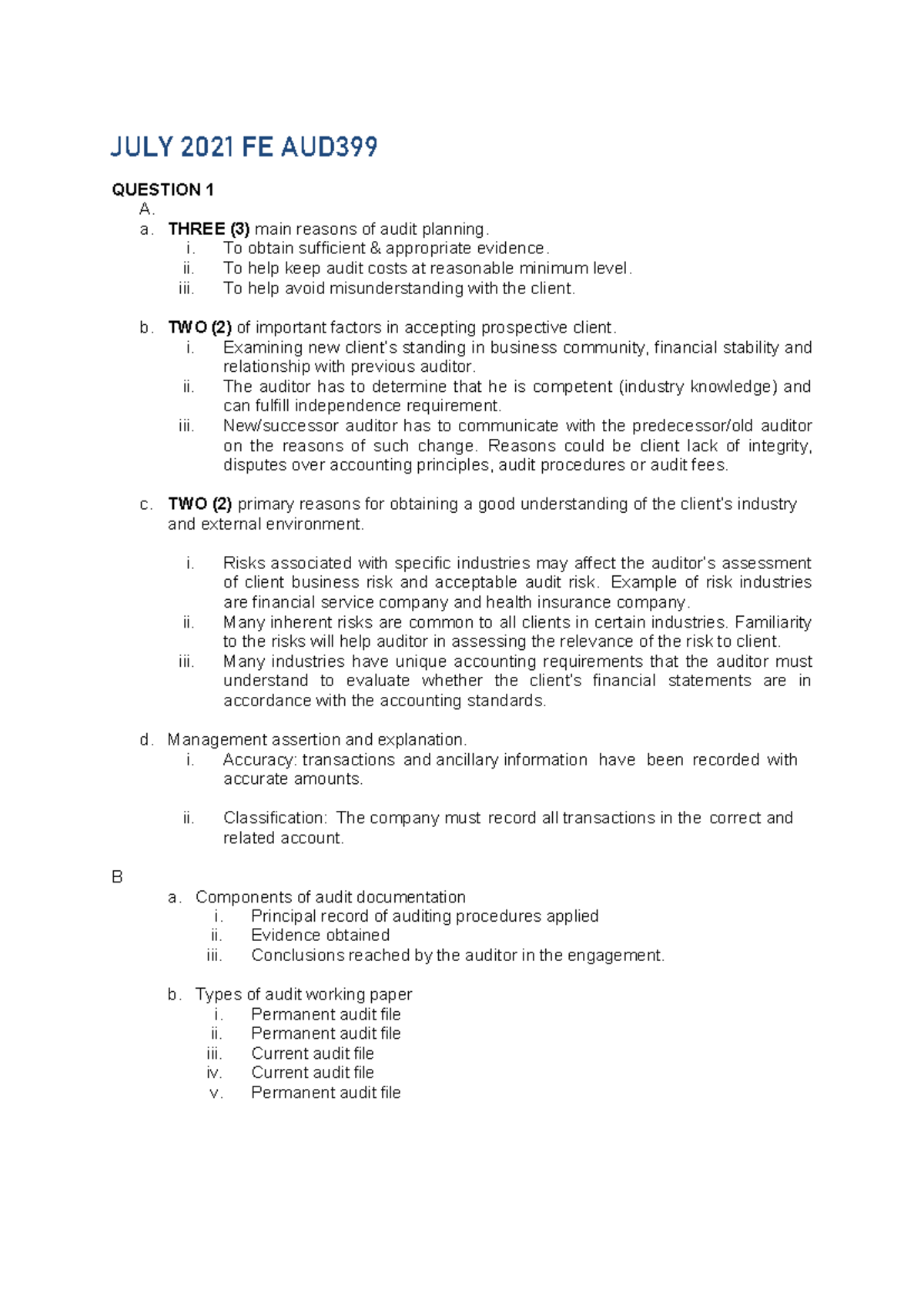 FE JUL 2021 AUD339 - Key Audit Concepts and Procedures - Studocu