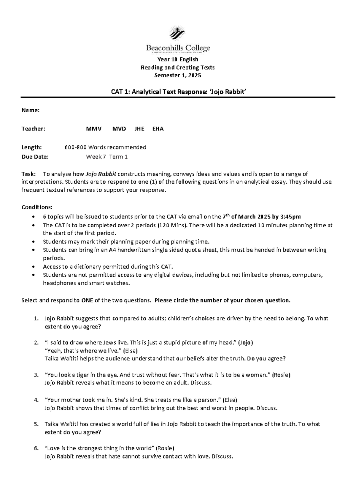 2025 Year 10 English CAT: Jojo Rabbit Analytical Text Response - Studocu