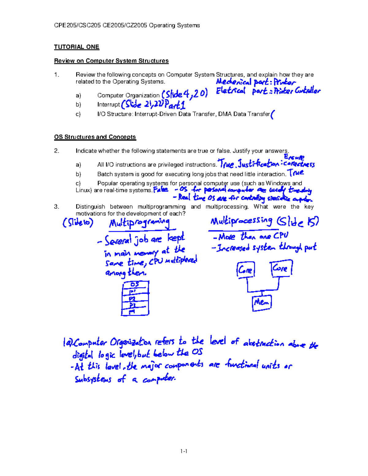 Operating Systems TUTORIAL 1: Review of Computer System Structures ...