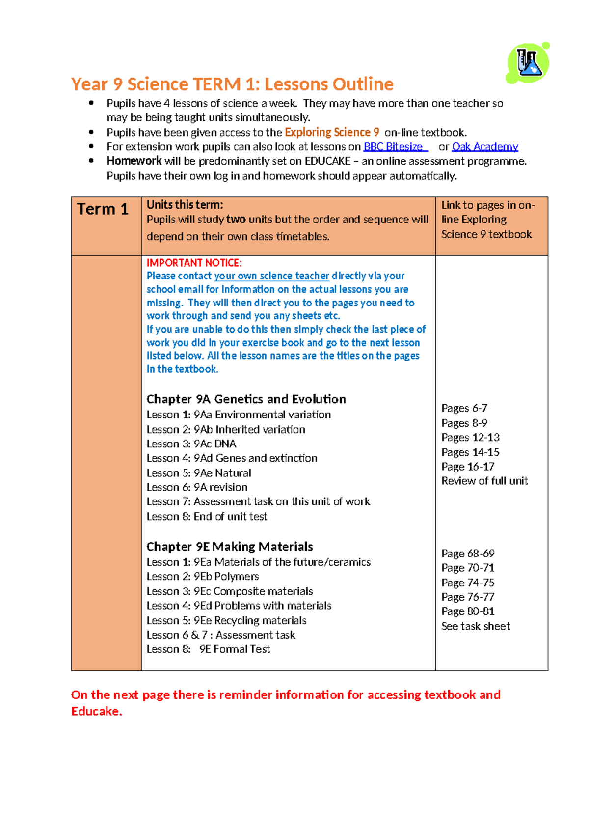 Year 9 Science Term 1: Complete Lessons Overview and Schedule - Studocu