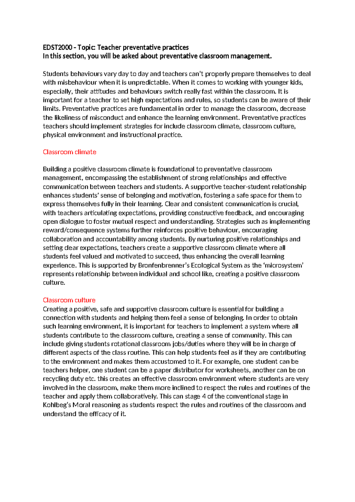 EDST2000 extended response - EDST2000 - Topic: Teacher preventative ...