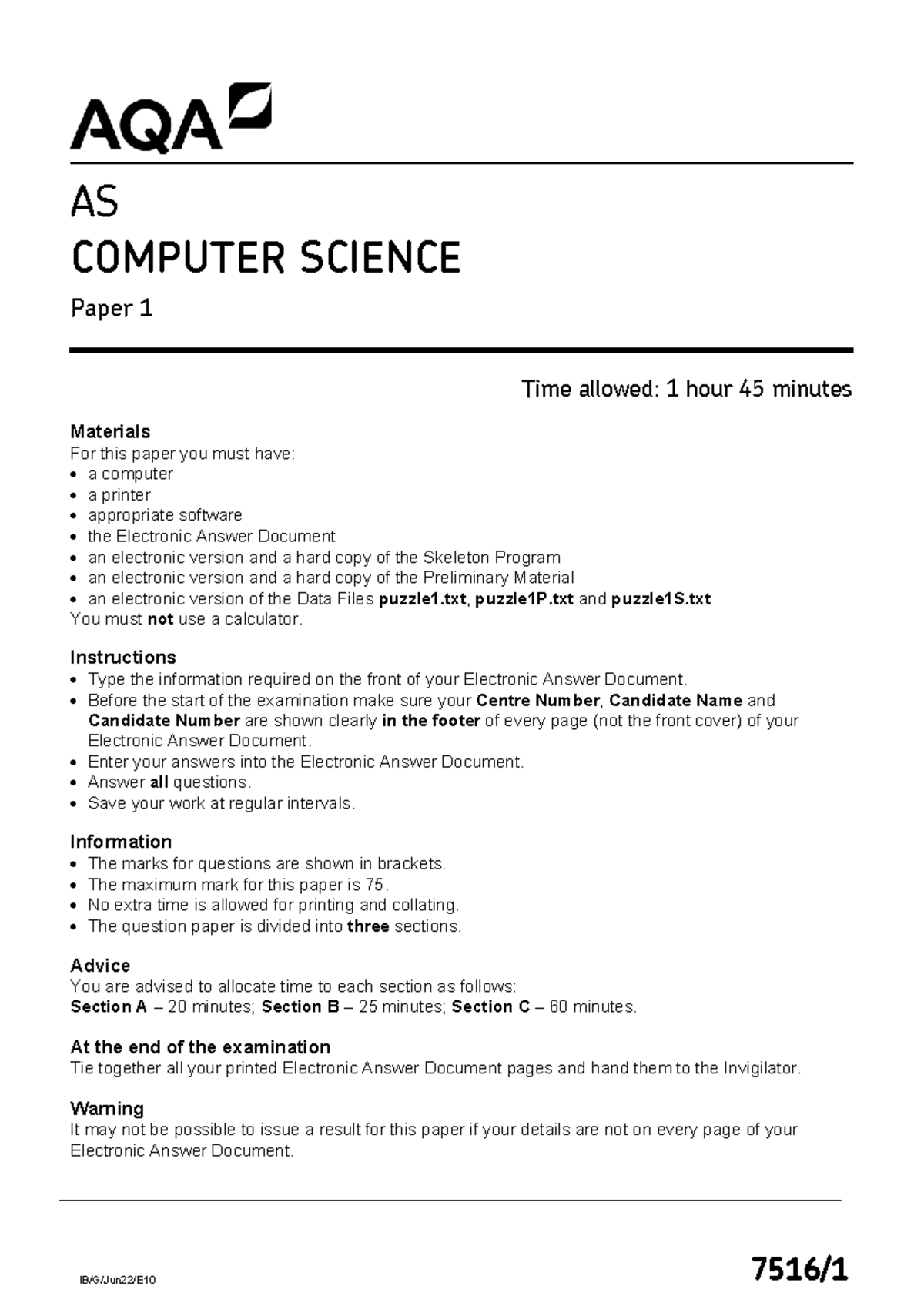 AS COMPUTER SCIENCE P1 Exam Paper - Instructions & Guidelines - Studocu