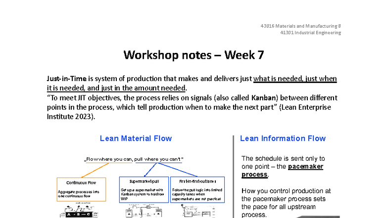 43016 Materials and Manufacturing B: Week 7 Workshop Notes on JIT and ...