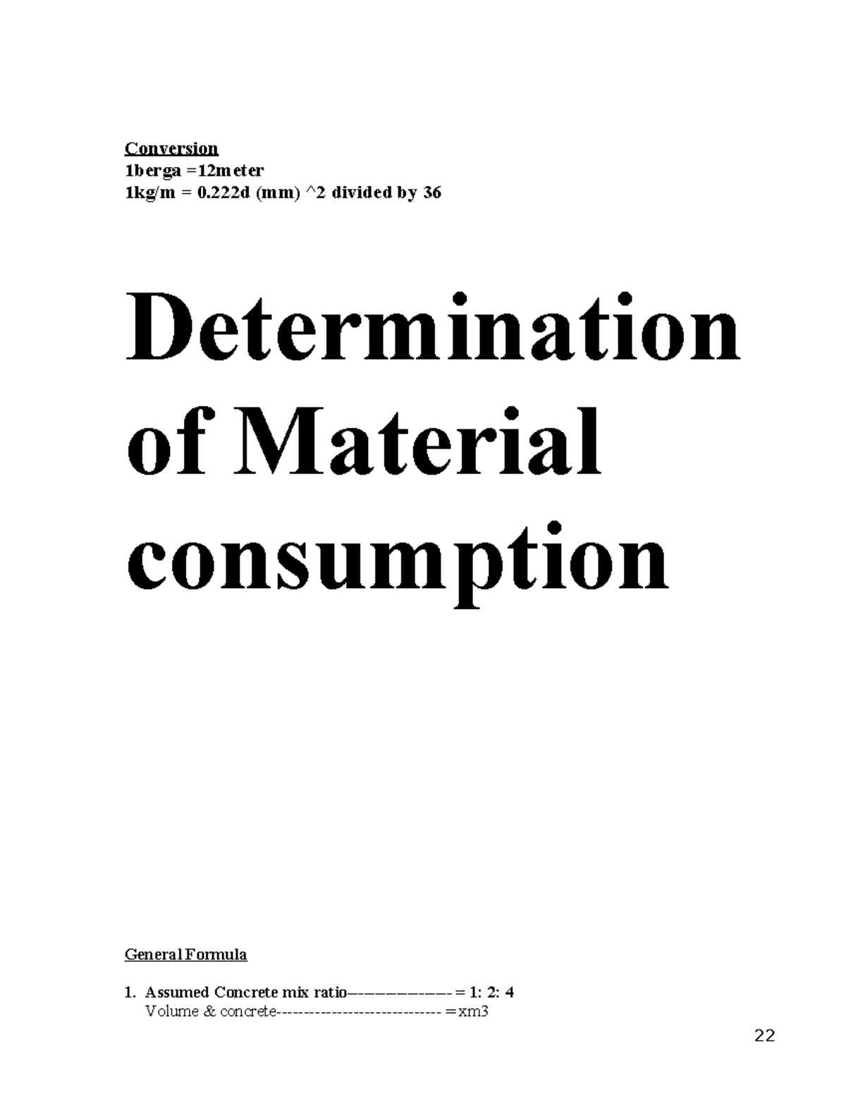 General Formula for Material Consumption in Construction (CIV 101 ...