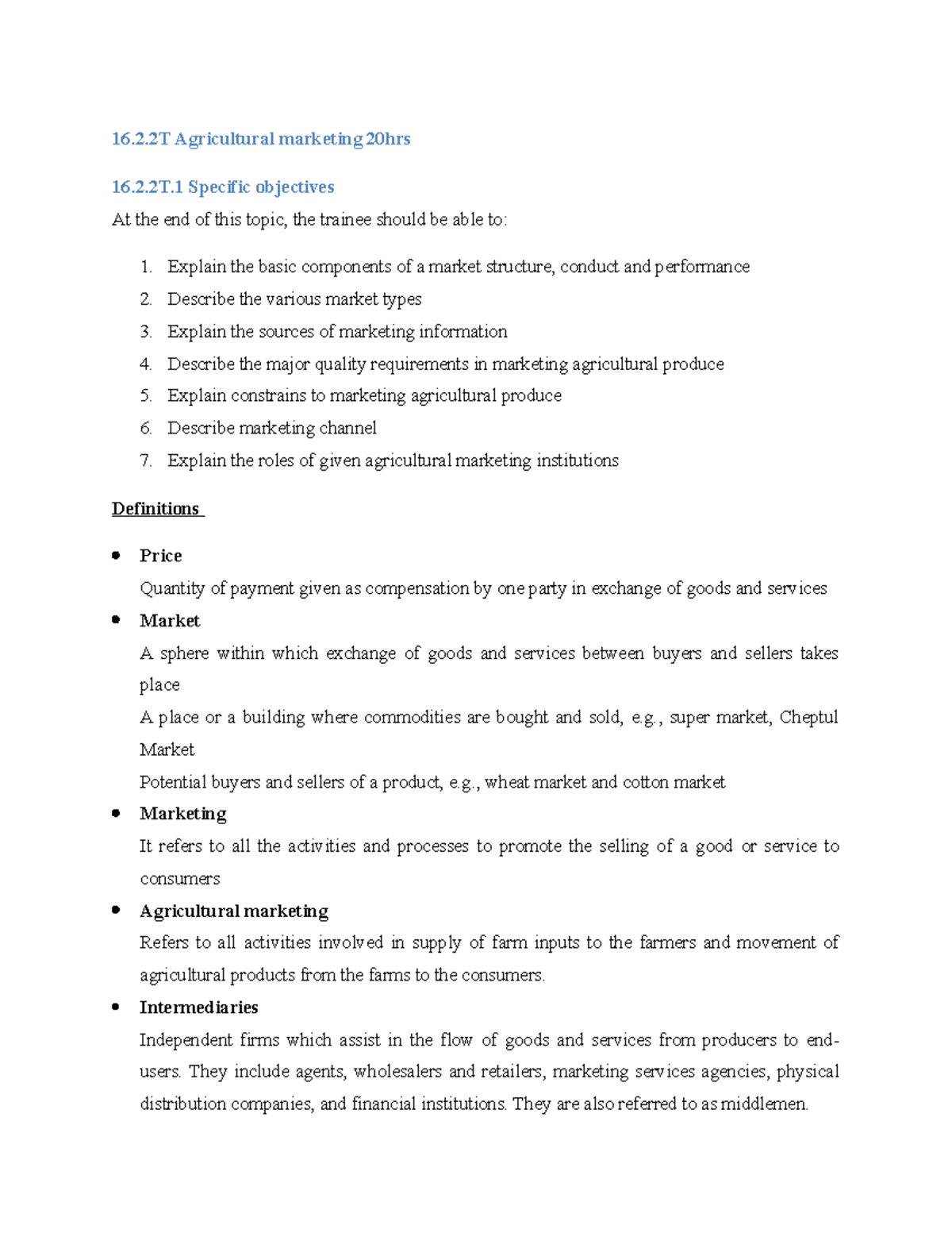 Agricultural Marketing: Module 2 Overview and Key Functions - Studocu