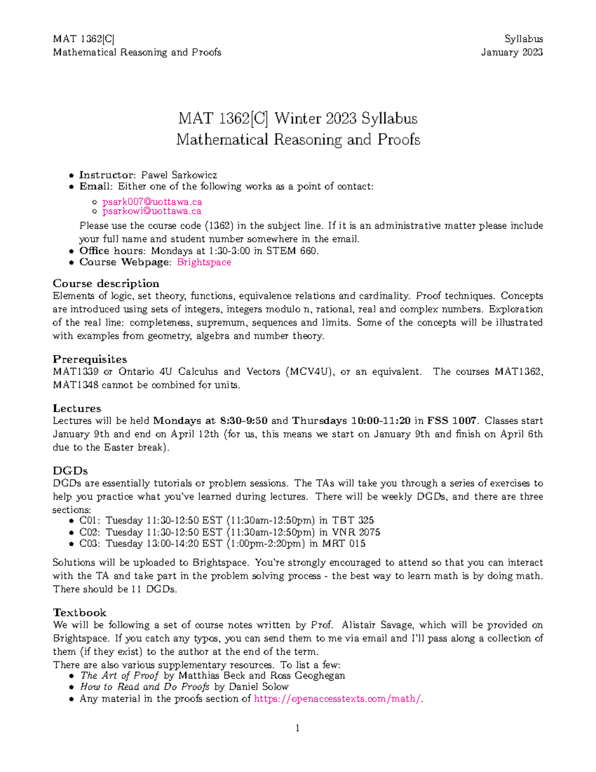MAT 1362[C] Winter 2023 Syllabus: Mathematical Reasoning & Proofs - Studocu