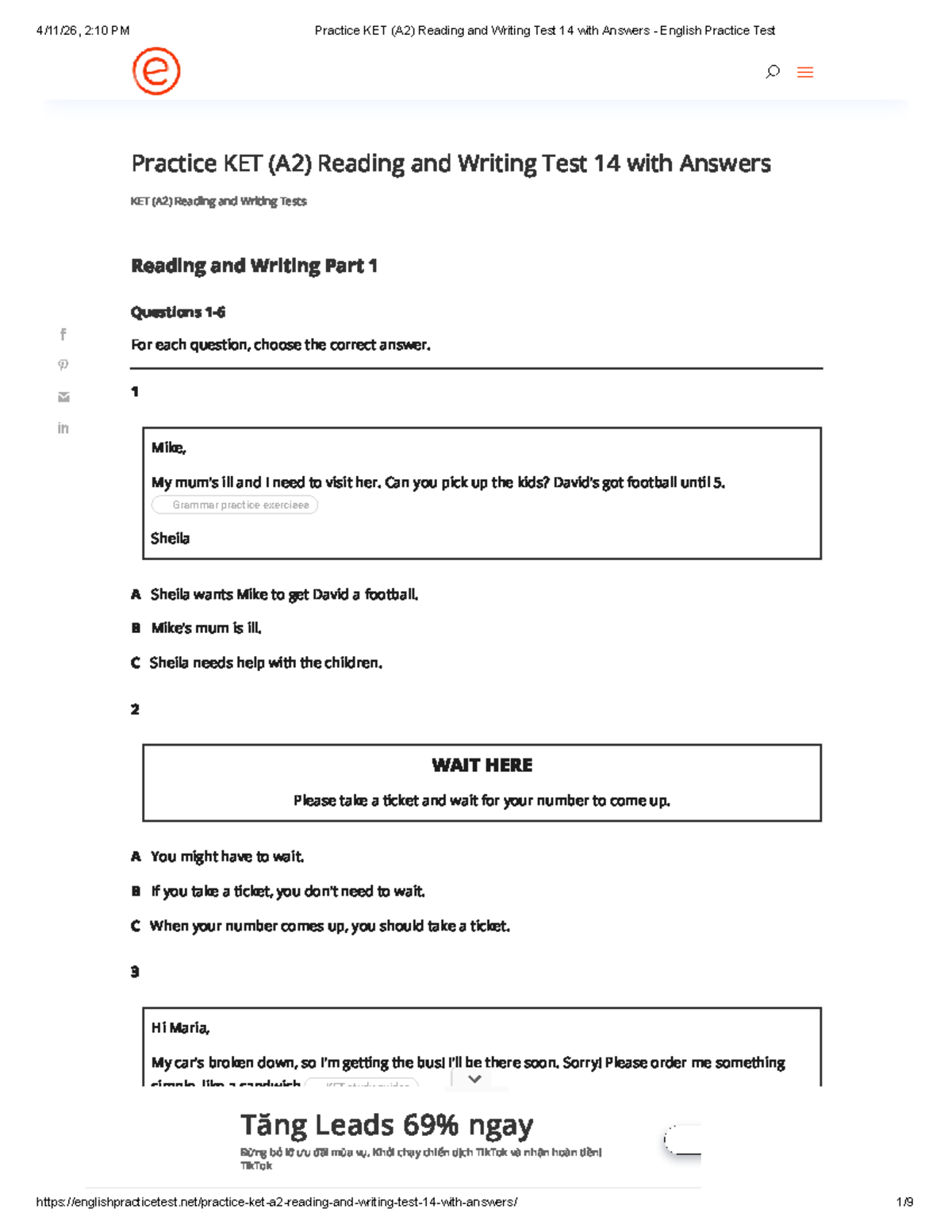 KET (A2) Reading and Writing Test 14 with Answers - Practice Exam - Studocu