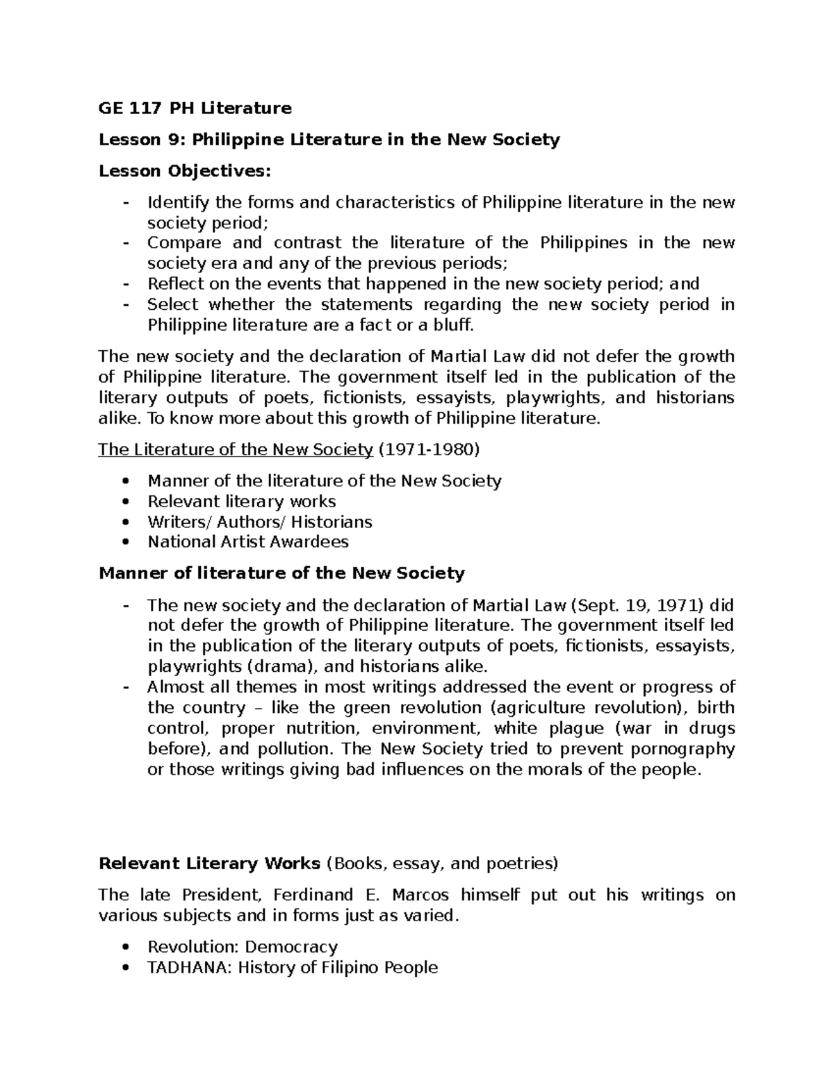 Ge 117 Lesson 9 Evolution Of Philippine Literature In New Society