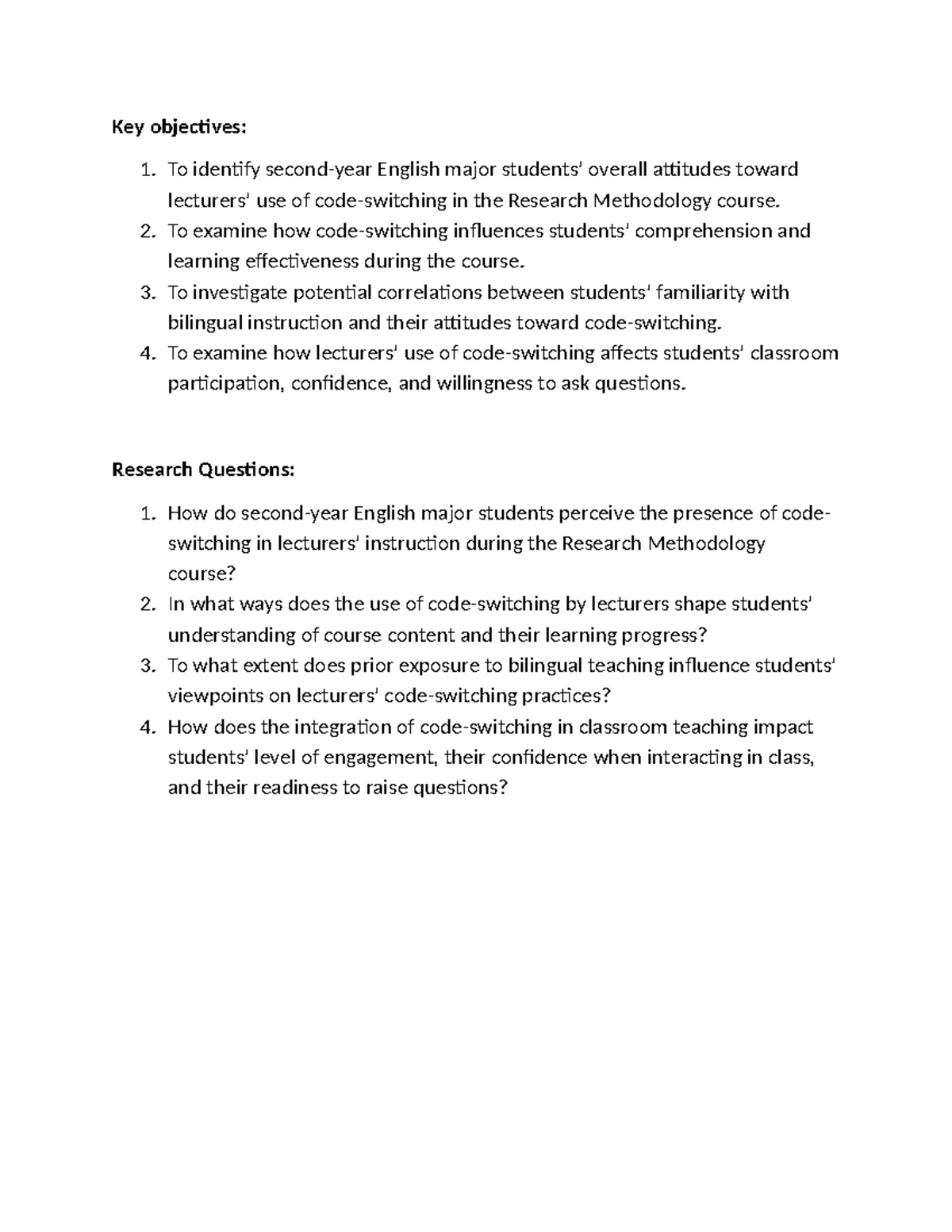 Research Objectives & Questions on Bilingual Instruction in RM Course ...