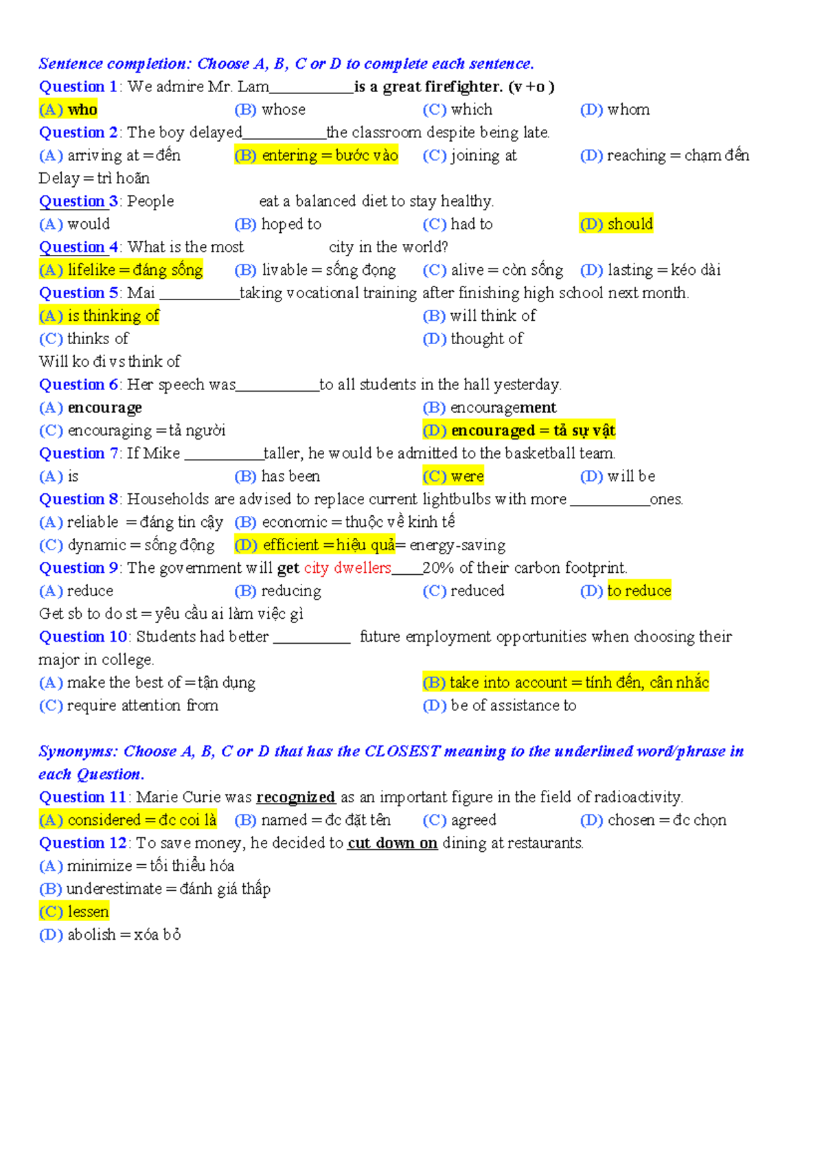 Đề HSA 01 - Sentence Completion and Dialogue Exercises - Studocu