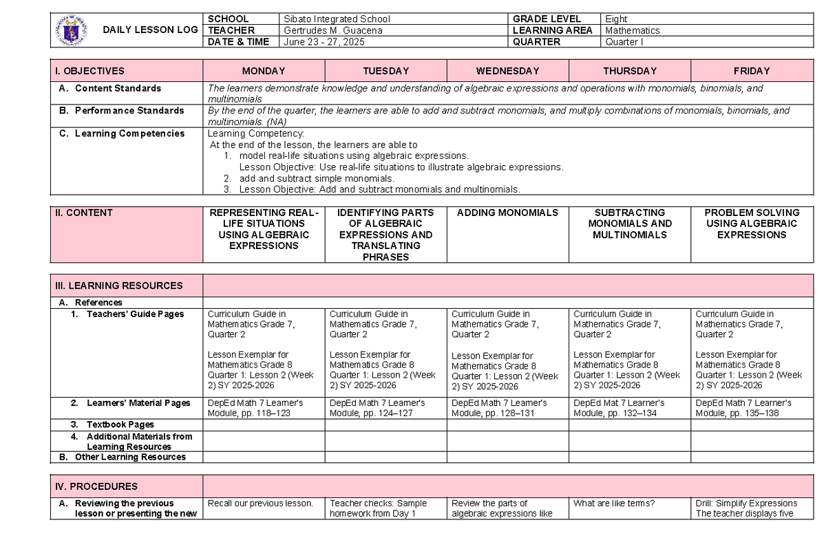 DLL Mathematics 8: Week 2 Lesson Plan on Algebraic Expressions - Document Preview