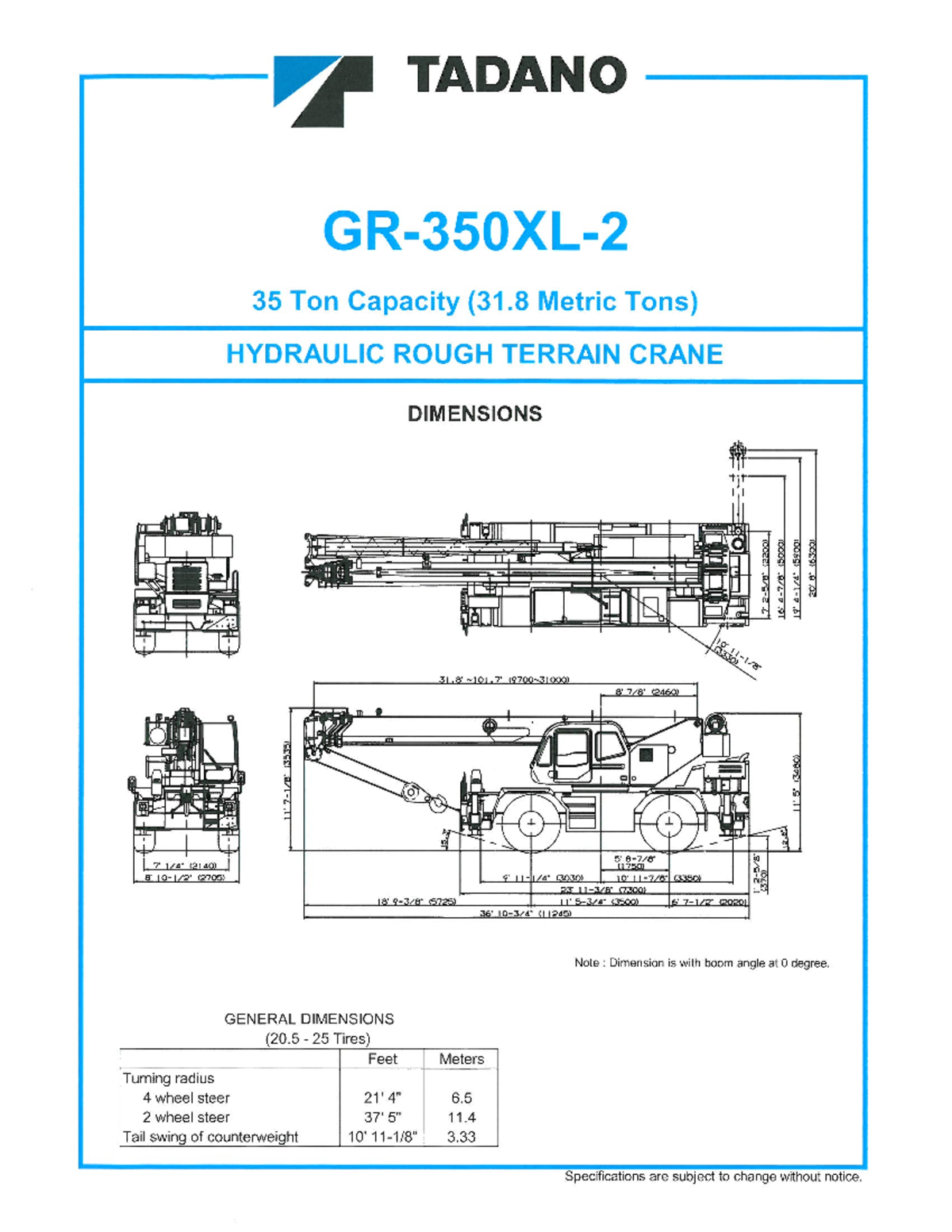 Tadano 35 Ton GR 350 XL 2 Crane Load Chart and Specifications Guide ...