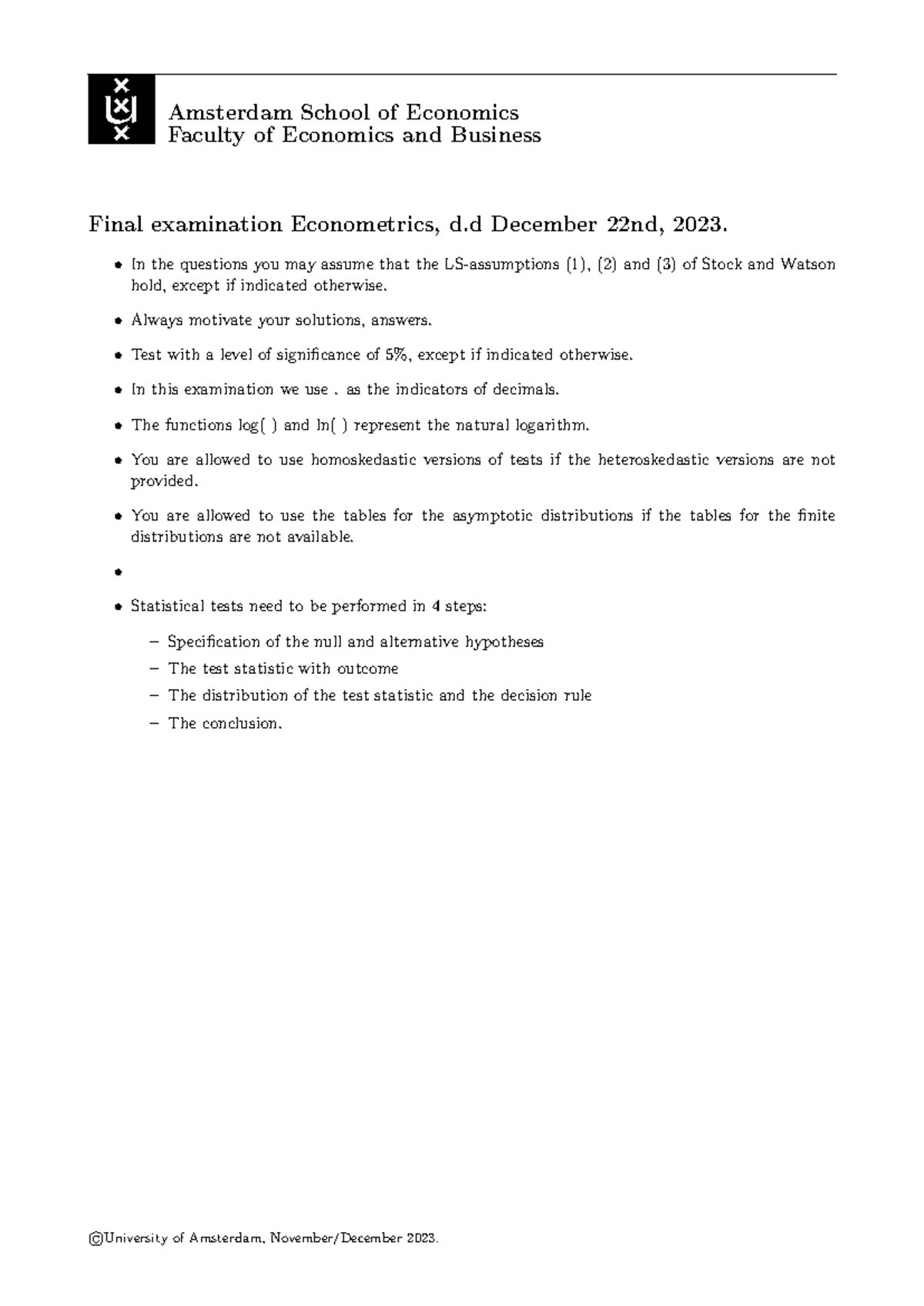 Final Exam 2023 - Econometrics Q&A and Solutions - Studeersnel