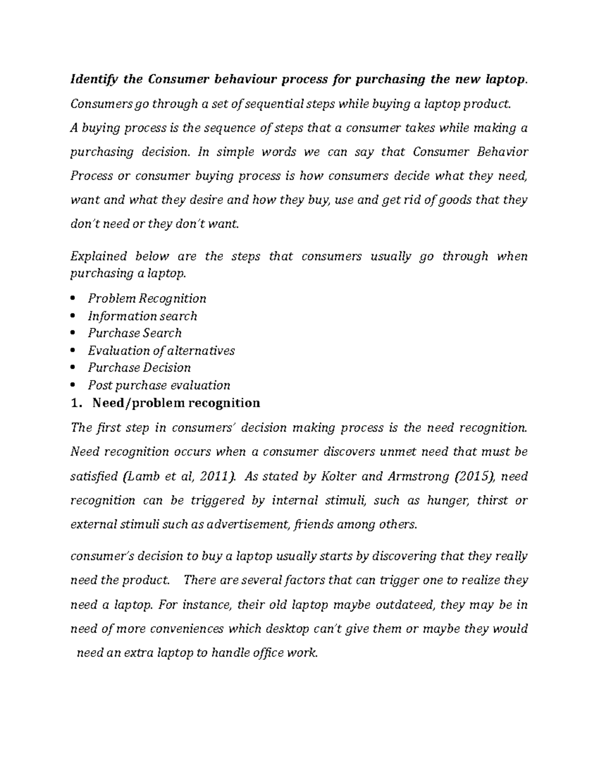 Consumer Behavior Process in Laptop Purchasing Decisions - Studocu