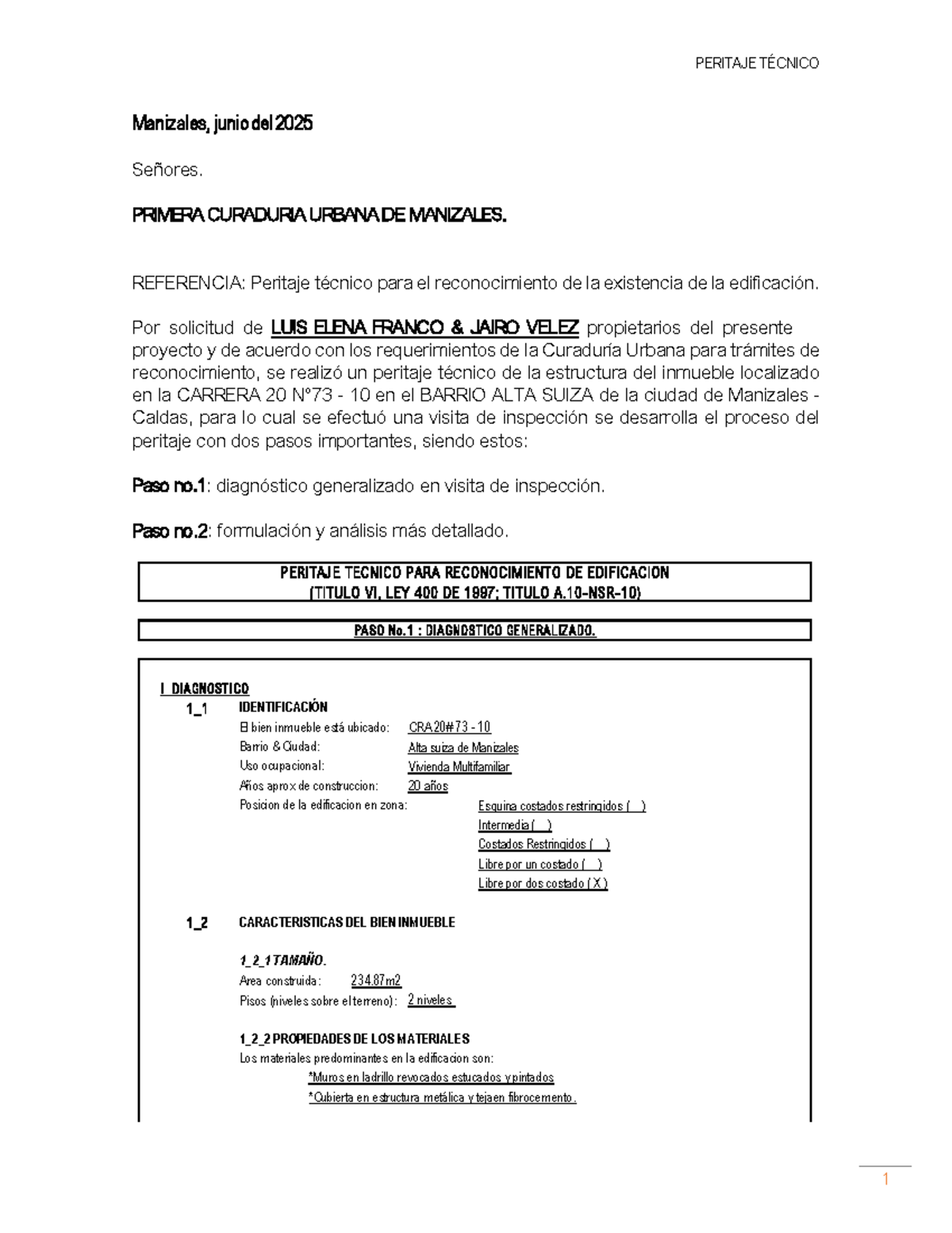 Peritaje Técnico para Reconocimiento de Edificación - Manizales 2025 - Document Preview
