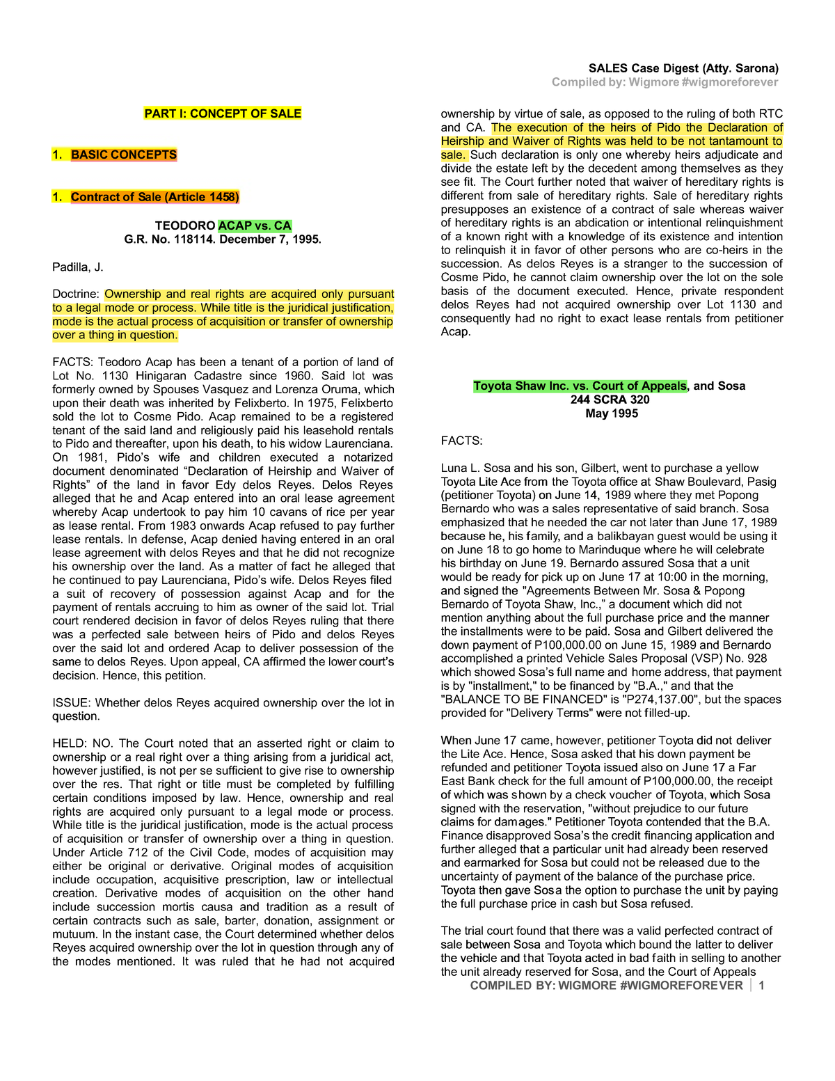 Sales Case Digests Compilation (Atty. Sarona) - Legal Insights - Studocu