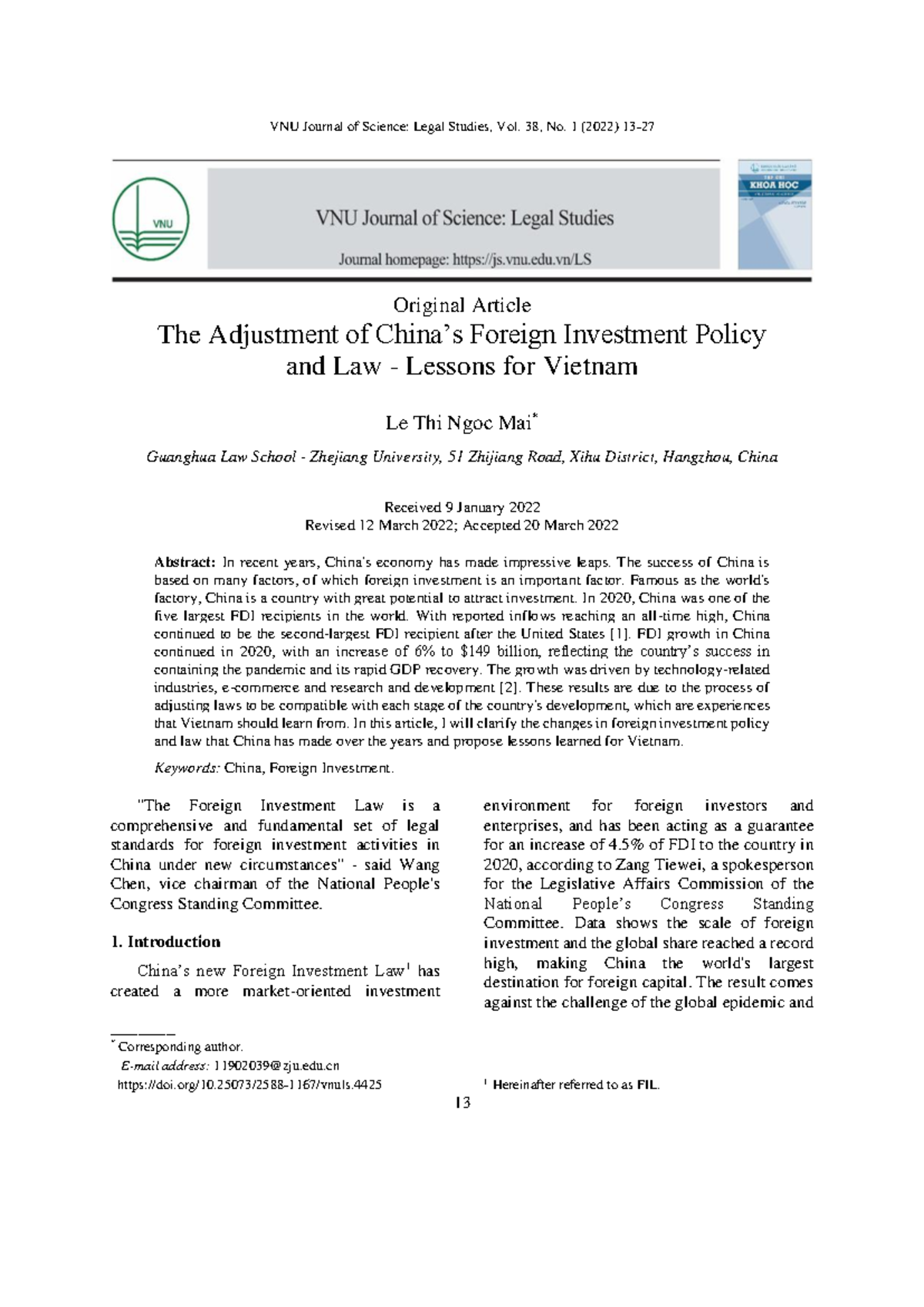 VNU Journal of Science: Legal Studies - Foreign Investment Policy ...