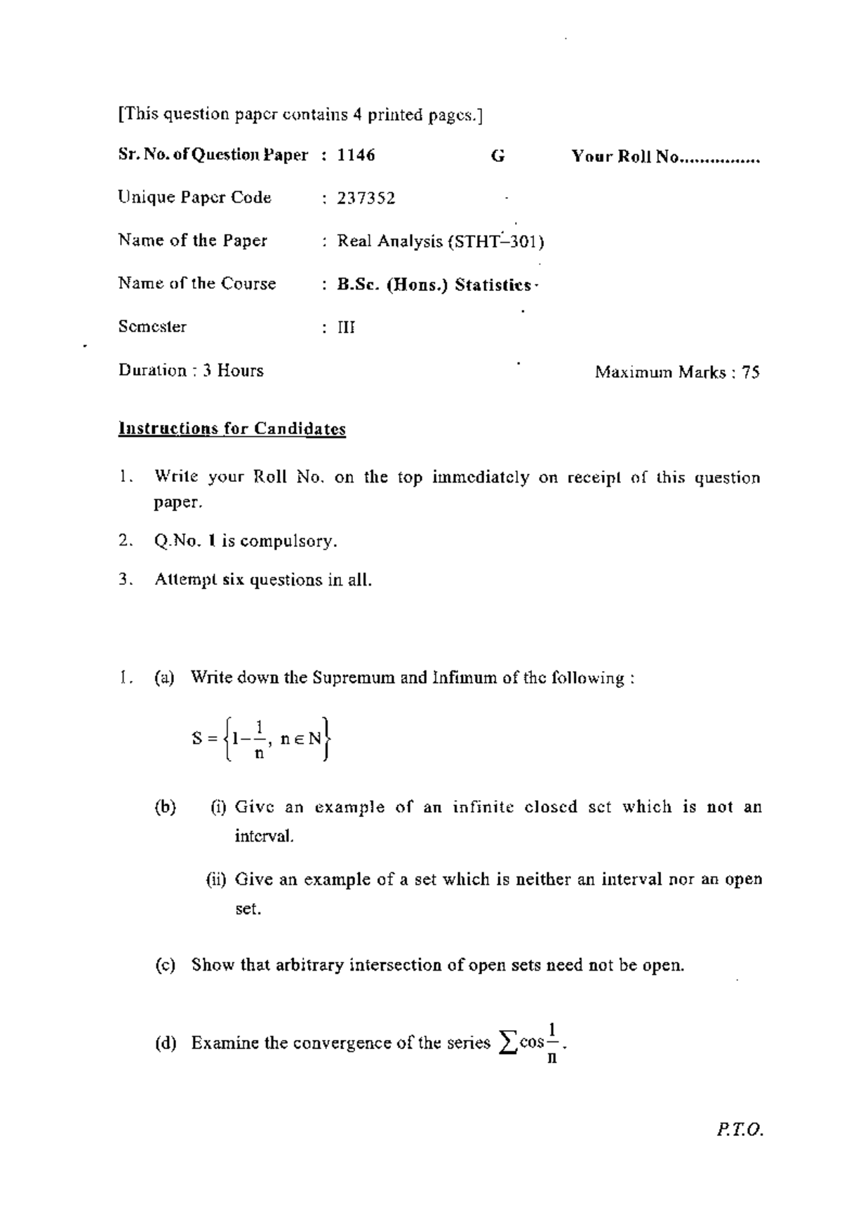 B.Sc. (Hons.) Statistics I Sem Real Analysis Question Paper 1146 - Studocu