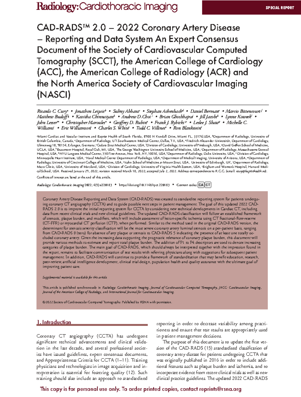 2022 CAD RADS 2.0: Expert Consensus on Coronary Artery Disease ...