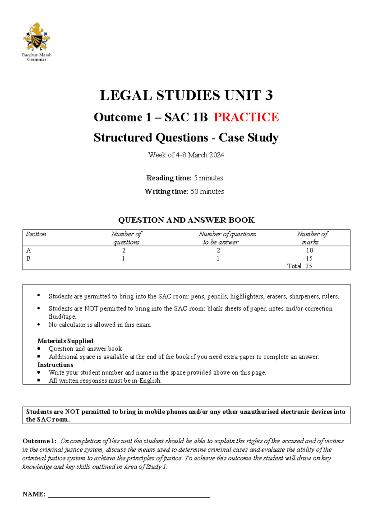 Unit 3 Legal Studies SAC 1B Practice Case Study March 2024 - Studocu