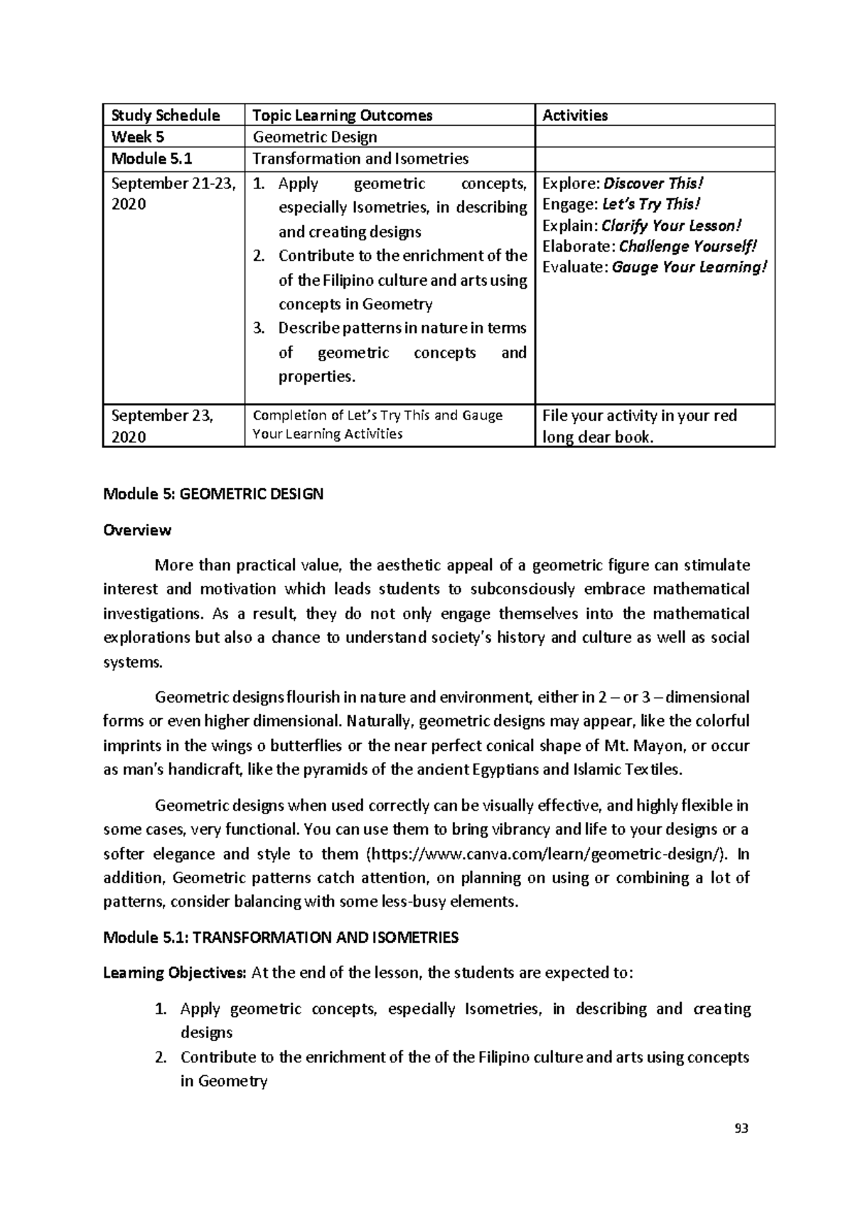 GECMAT-Module 5: Geometric Design and Isometries Study Guide - Studocu