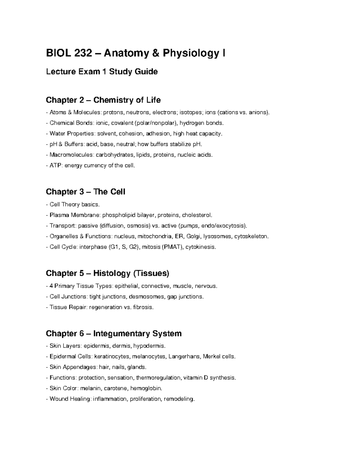 BIOL 232 Anatomy & Physiology I Exam 1 Study Guide - Studocu