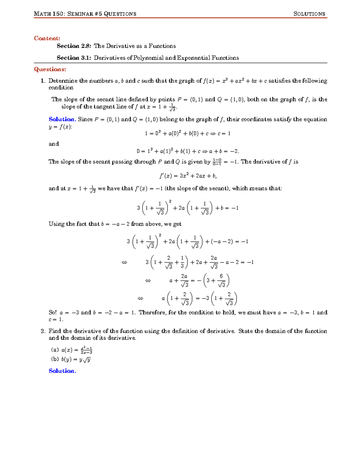 MATH 150: Seminar 05 - Questions & Solutions - Studocu