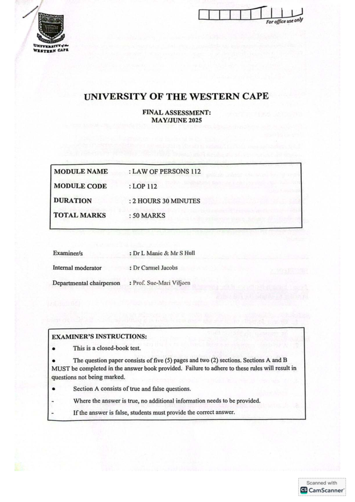 LOP 112 Final Assessment: Law of Persons Exam - June 2025 - Studocu