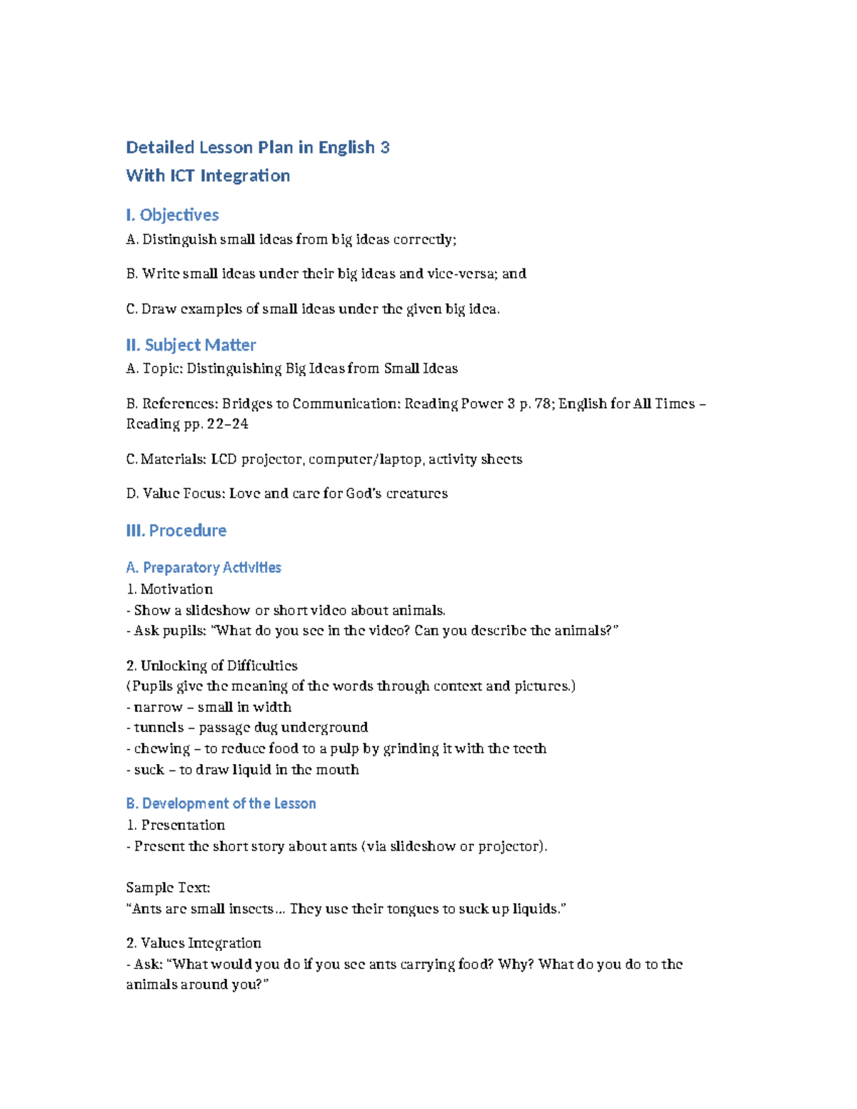 Detailed Lesson Plan: English 3 with ICT Integration - Studocu