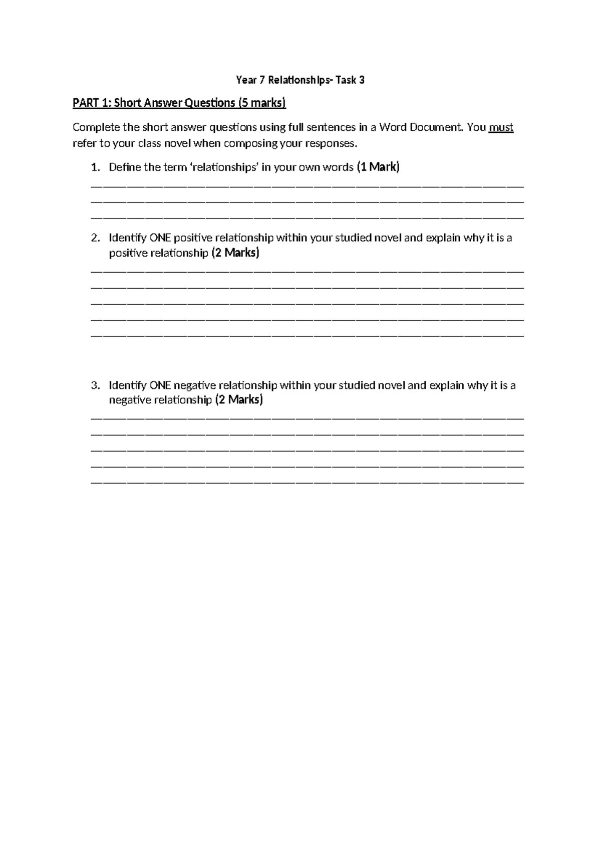 Year 7 Relationships Assessment Task 3 Scaffold - Year 7 Relationships ...