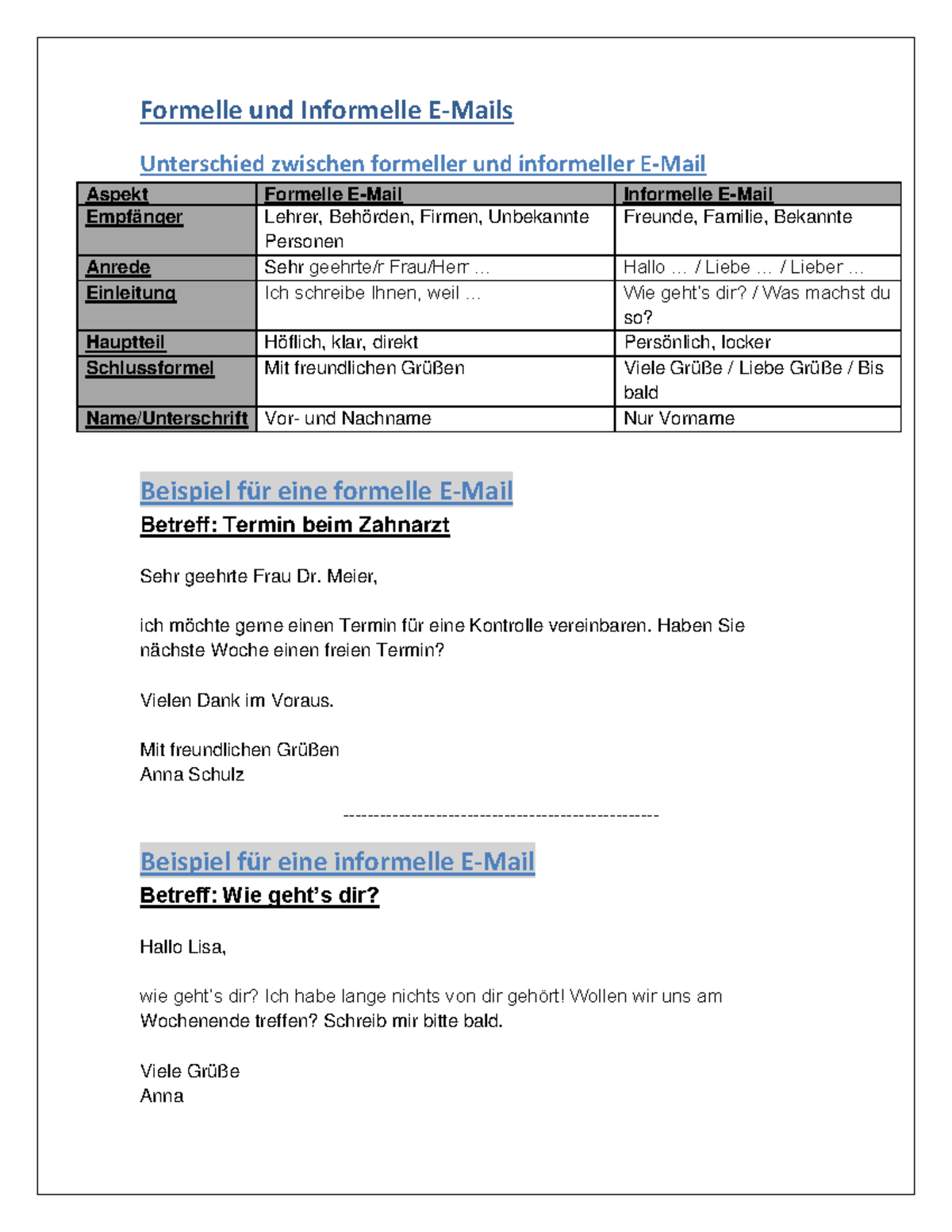 Formelle und Informelle E-Mails A2: Unterschiede und Beispiele - Studocu