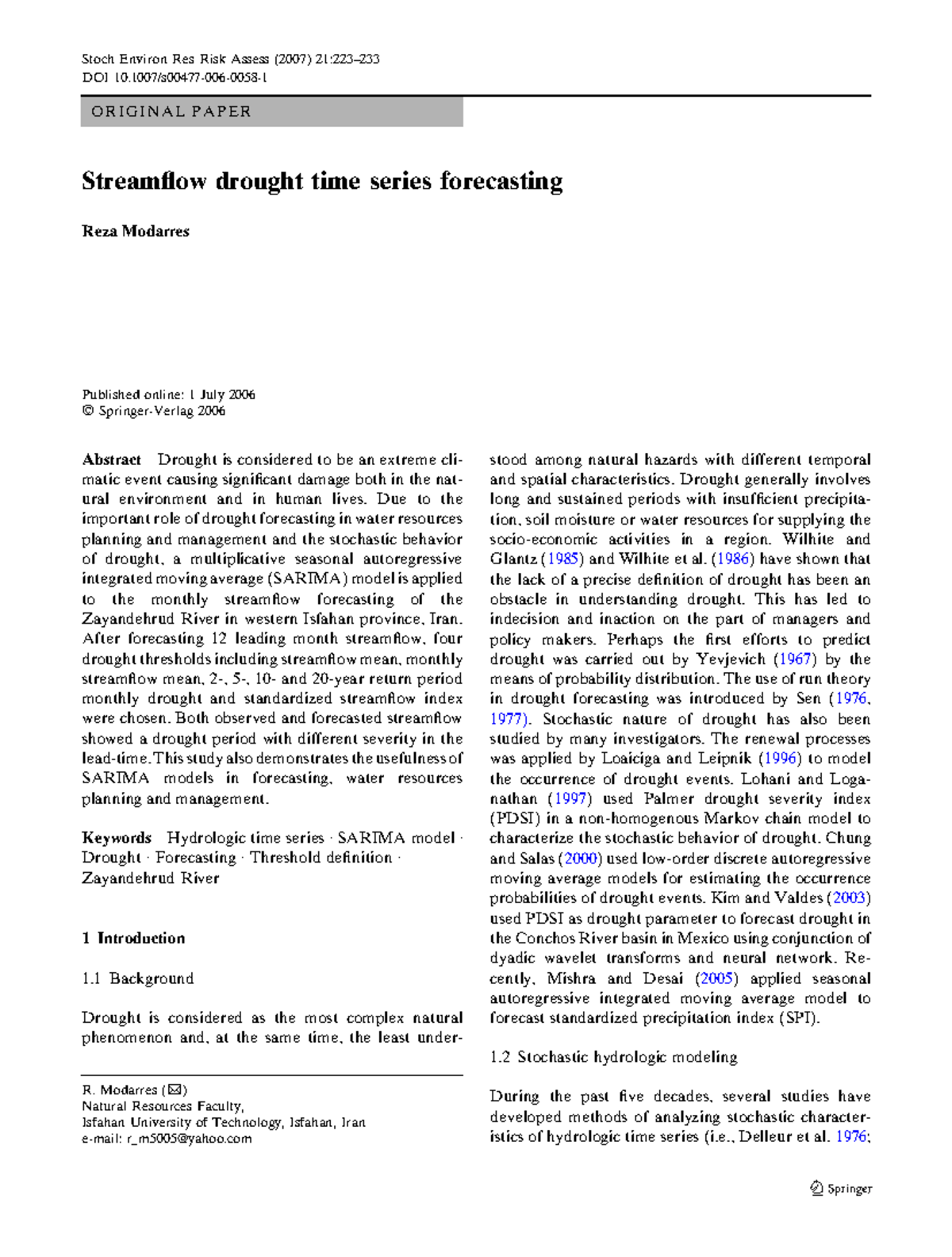 Streamflow Drought Forecasting Using SARIMA Model (Modarres 2006) - Studocu
