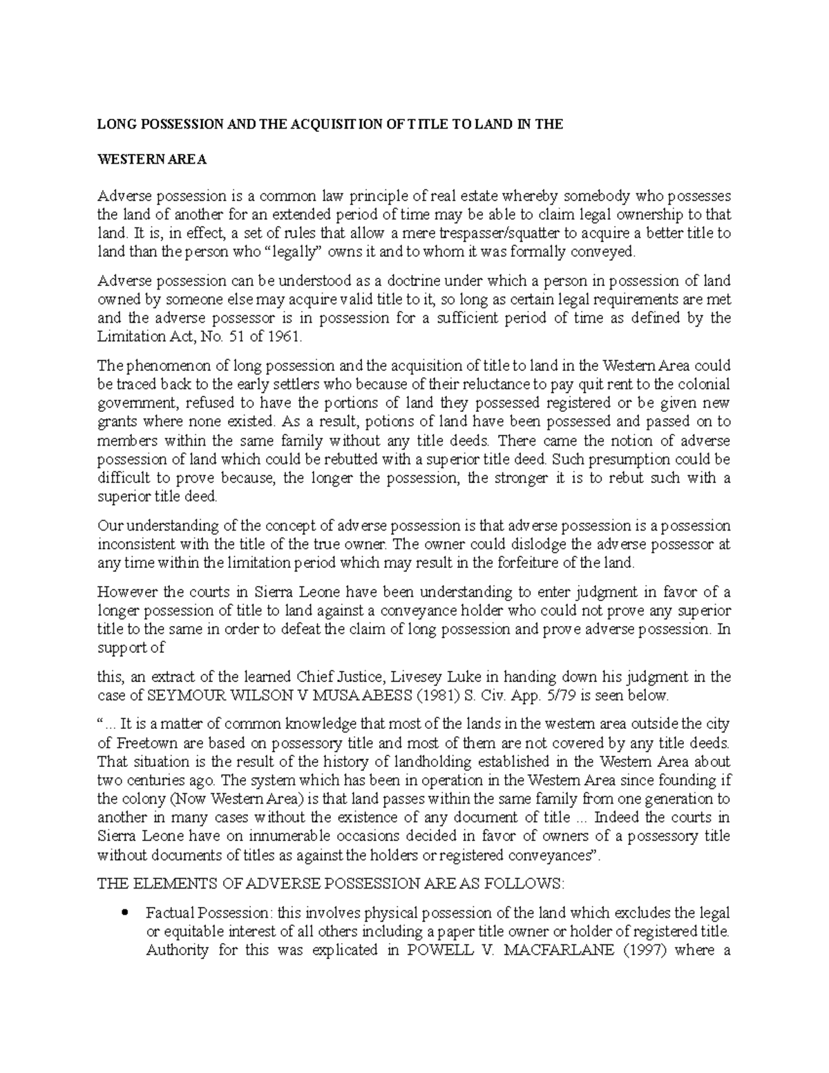 Adverse Possession and Land Title Acquisition in the Western Area - Studocu