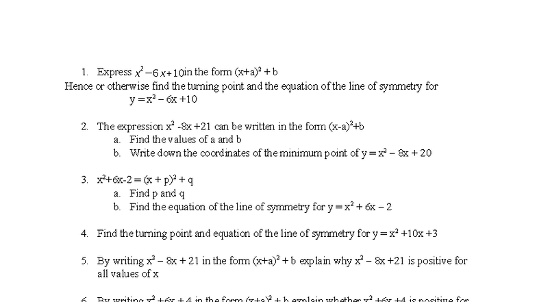 Completing the Square and Symmetry: Math 101 Final Exam Notes - Studocu