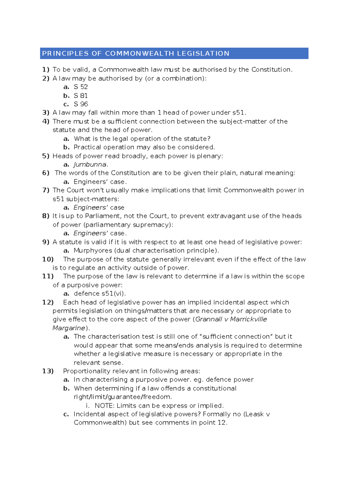 MLL323 Final Exam Notes on Commonwealth and State Legislation ...
