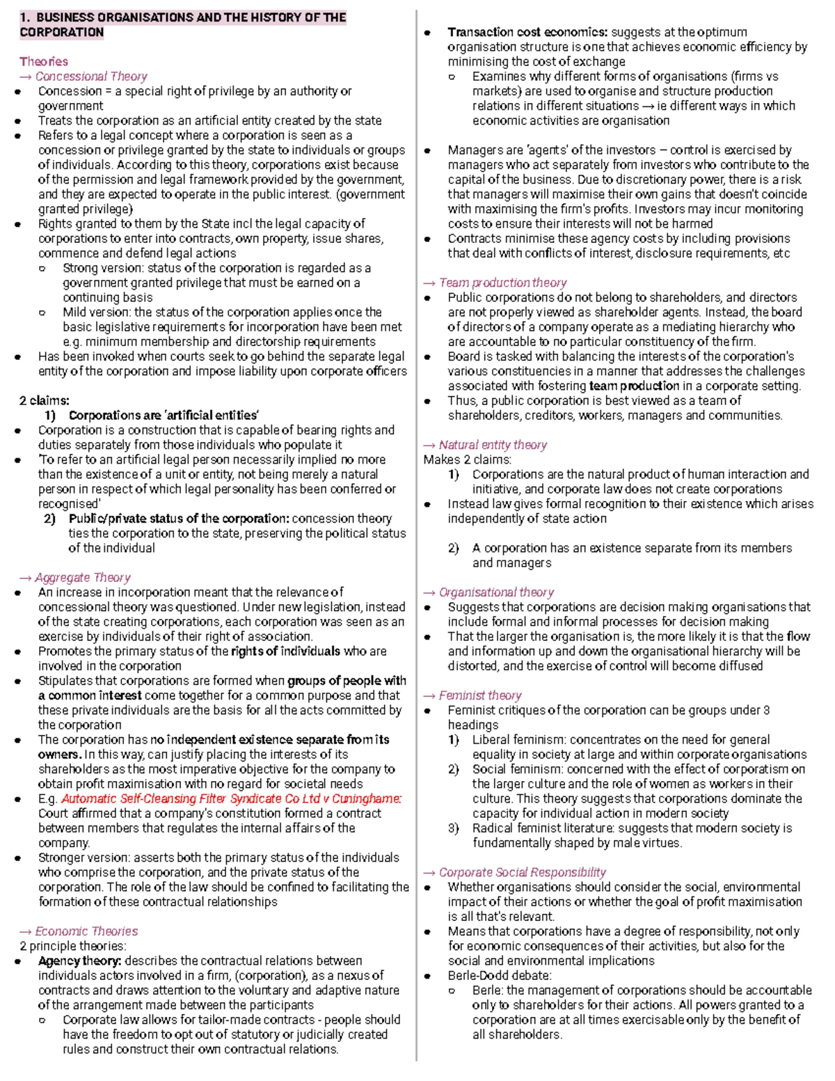 LAWS2300 Business Organisations Lecture Notes: History & Types of ...