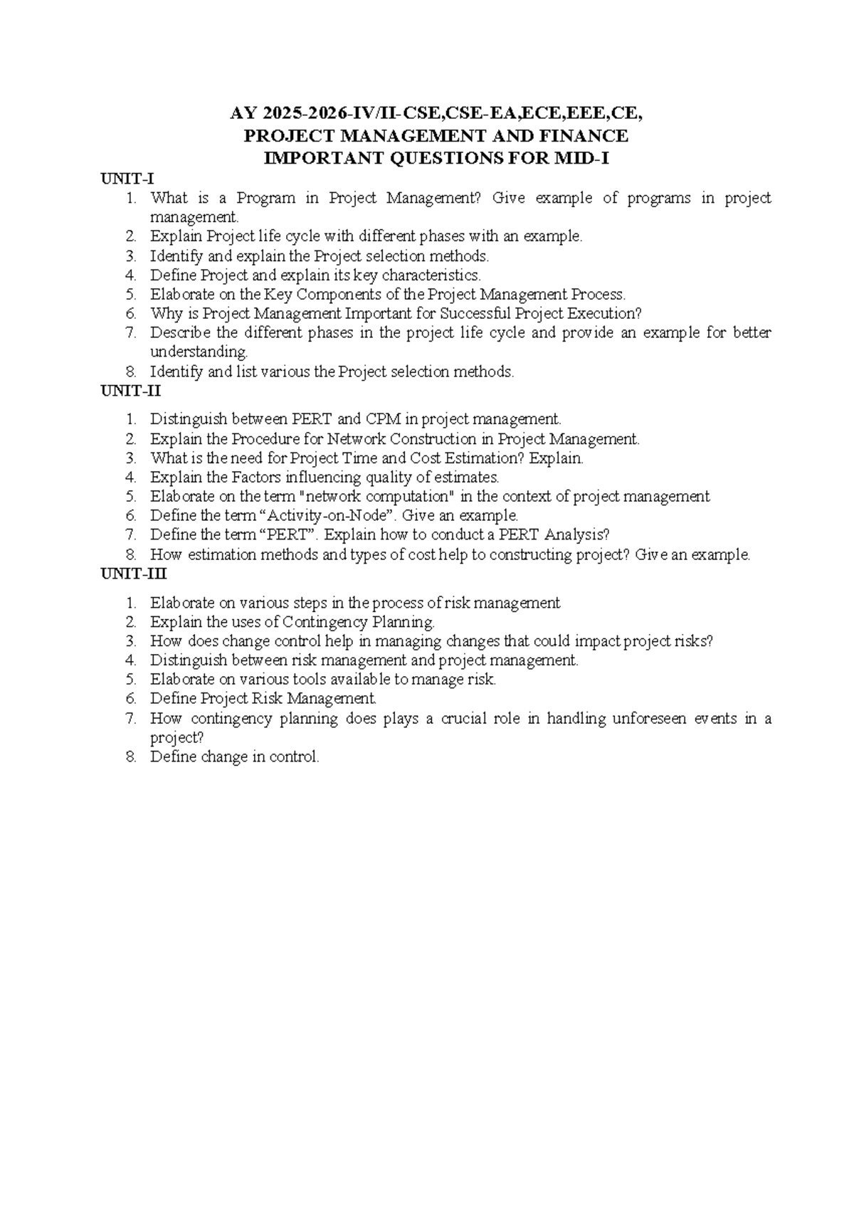 PMF MIDTERM IMPORTANT QUESTIONS ON PROJECT MANAGEMENT - Studocu