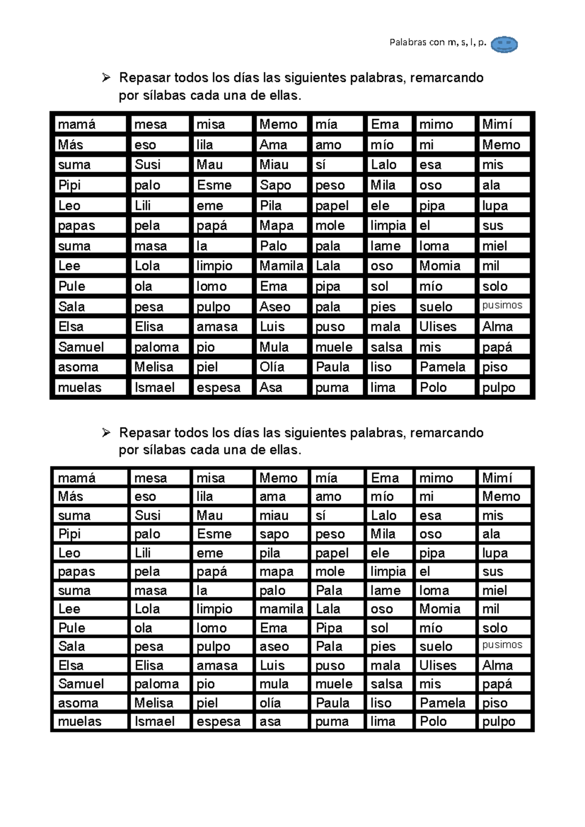 Repaso de Palabras con m, s, l, p y t, g, f, d, m, b, v, c, x - Studocu