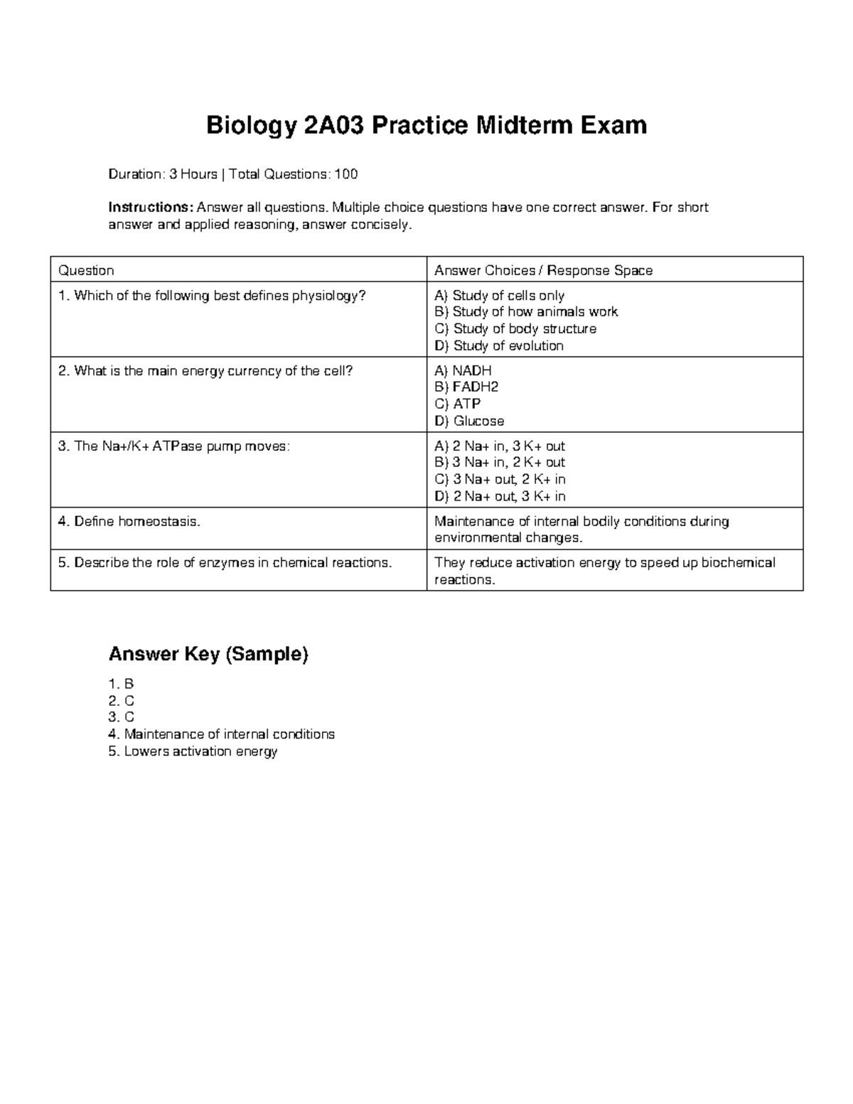 Biology 2A03 Practice Midterm Exam Review Guide - Studocu