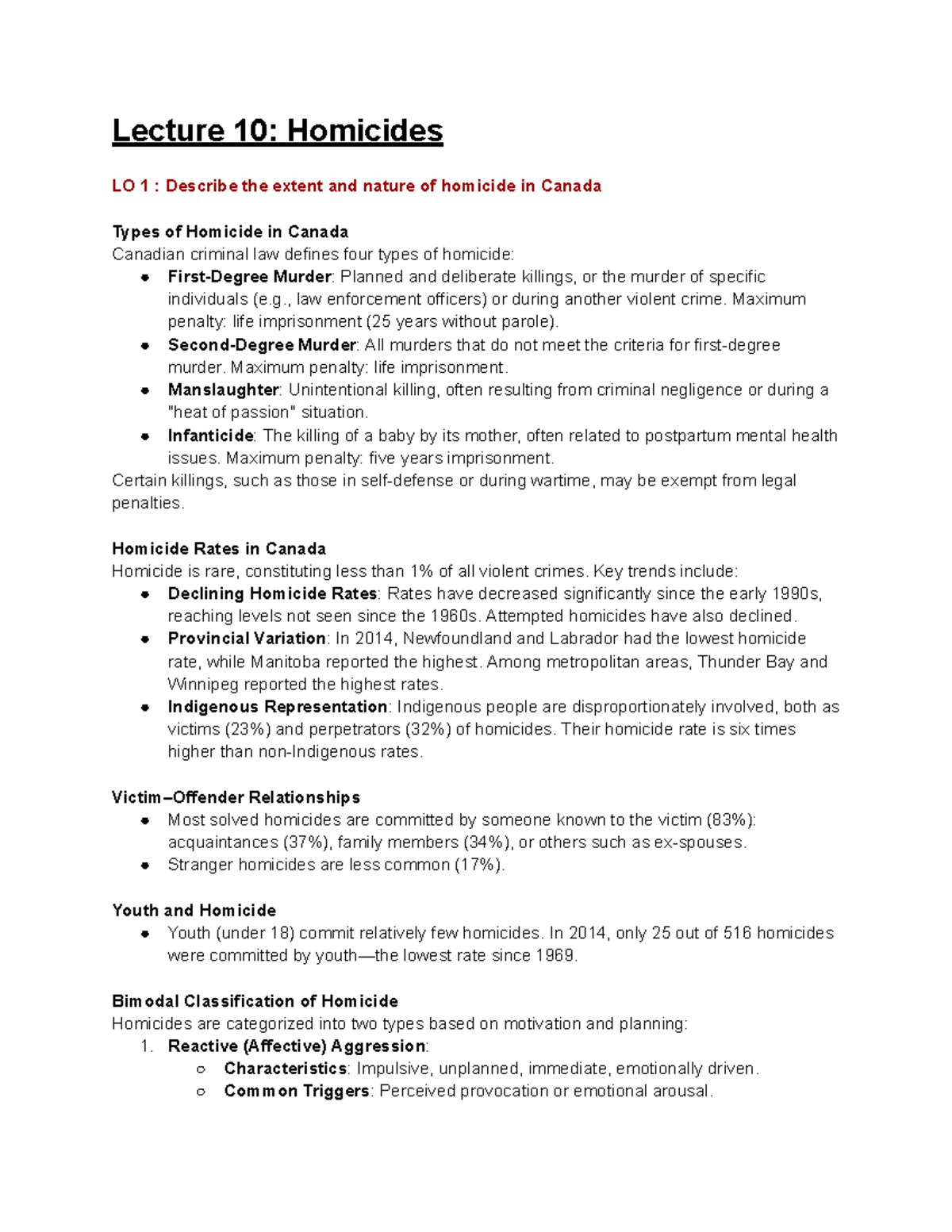 2032 Week 10 - lecture and textbook notes - Lecture 10: Homicides LO 1 ...